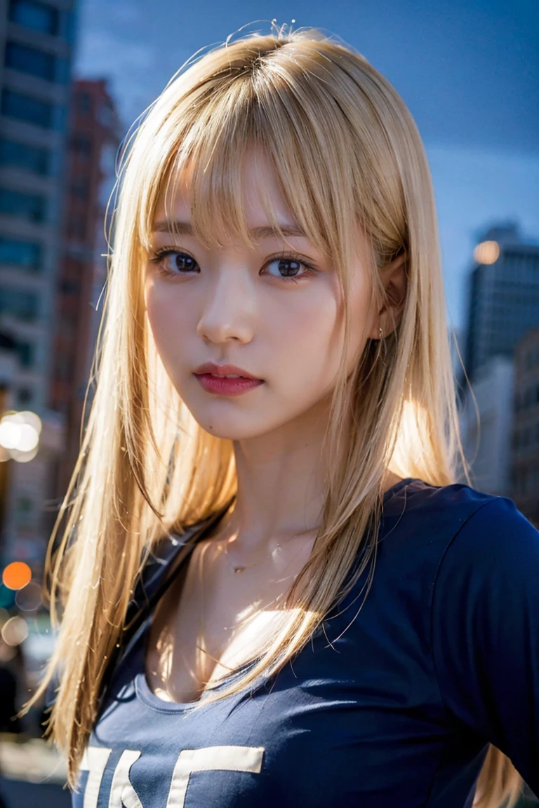 (Highest quality, 8K quality, masterpiece:1.3), (Ultra-high resolution, Photorealistic:1.4, RAW Photos), (Very detailed, Caustics, Detailed Background), (Ultra-Realistic Capture, Beautiful and detailed skin, Perfect Anatomy), whole body, City buildings at night, Bright and very beautiful face, Younger, brighter, whiter skin, Best Looks, The most beautiful light blonde hair in the world, Thin Hair, Super long, silky straight hair, Shiny beautiful bangs, Shining, clear, big blue eyes, A very beautiful and adorable 16 year old, The most beautiful girls in the world, T-Shirts。She walked among the city's buildings、The neon lights illuminate her beautifully.。whole bodyの画像