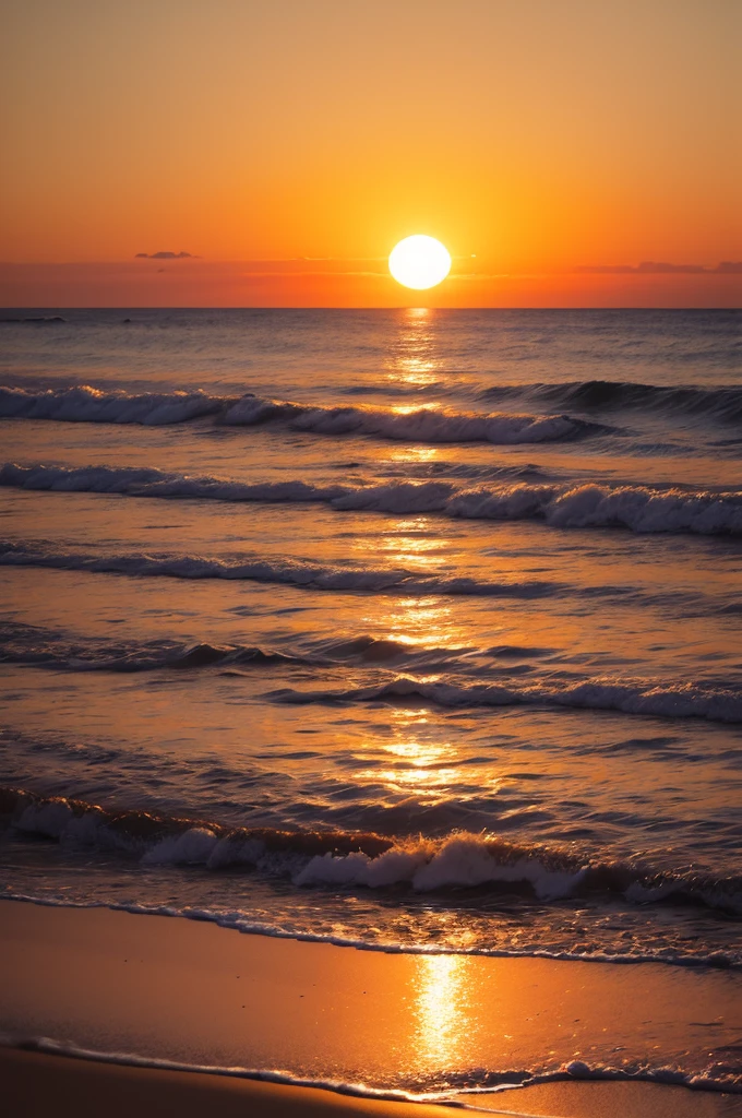 Landscape to the beach, very distant two silhouettes, sunset, orange background