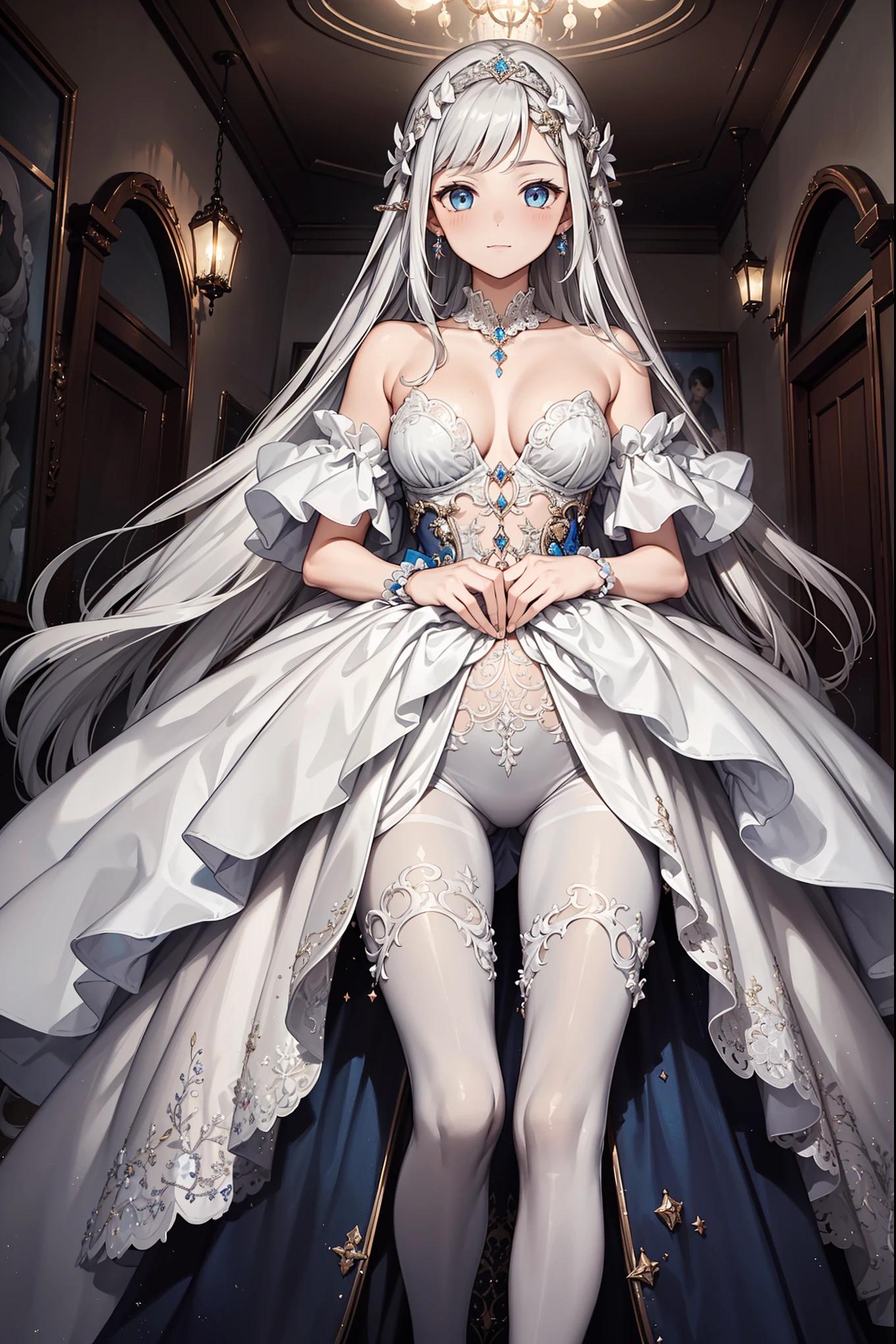 masterpiece, Highest quality, Approaching perfection, (Perfect Face:1.1), (Attention to detail:1.1), dramatic, (1 person), Pale skin, (Long, pure white hair:1.4), White eyes, Otto Seppalainen, alone, Long Hair, White luxury suit, Covered navel, snob, albino, Luminous Studio Graphics Engine, Pouting, Demonic Sorcerer, Volumetric lighting, Detailed eyes, (8k wallpaper masterpiece), Super detailed, Exquisitely crafted, Absolutely pixel perfect, rose, fashion, ~ side, View your viewers, Balenciaga Style