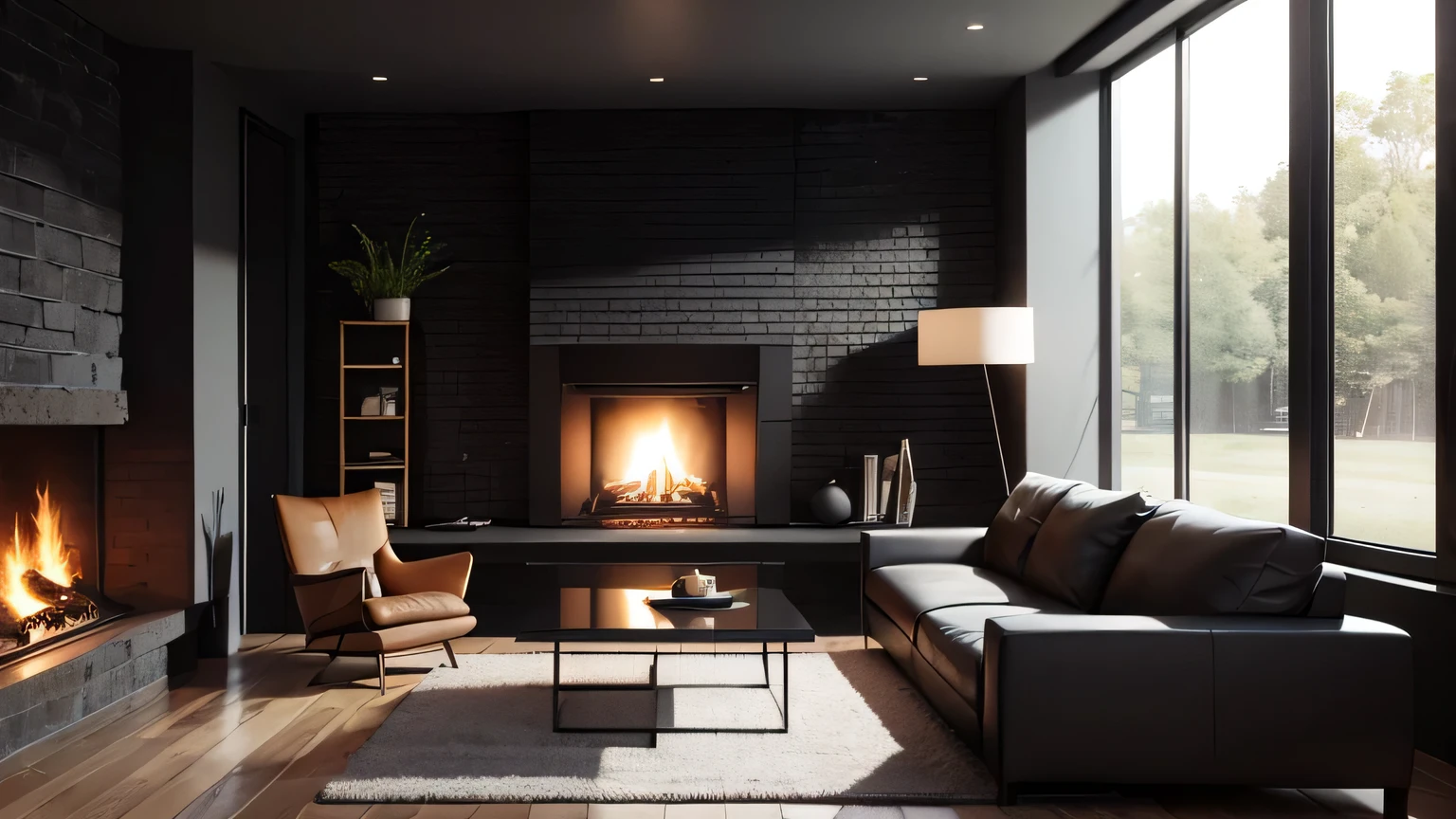 Rendering of a living room with a fireplace and dining table, Modern Style, archviz, Home interior, Popular interior design styles, Modern Rustic, Apartment with black walls, Highly realistic Unreal Engine, Dark interior, Vray 8K Rendering, Warm living room, Warm interior, Unreal Engine realistic rendering, a modern livingroom, Surreal style, modern interior design