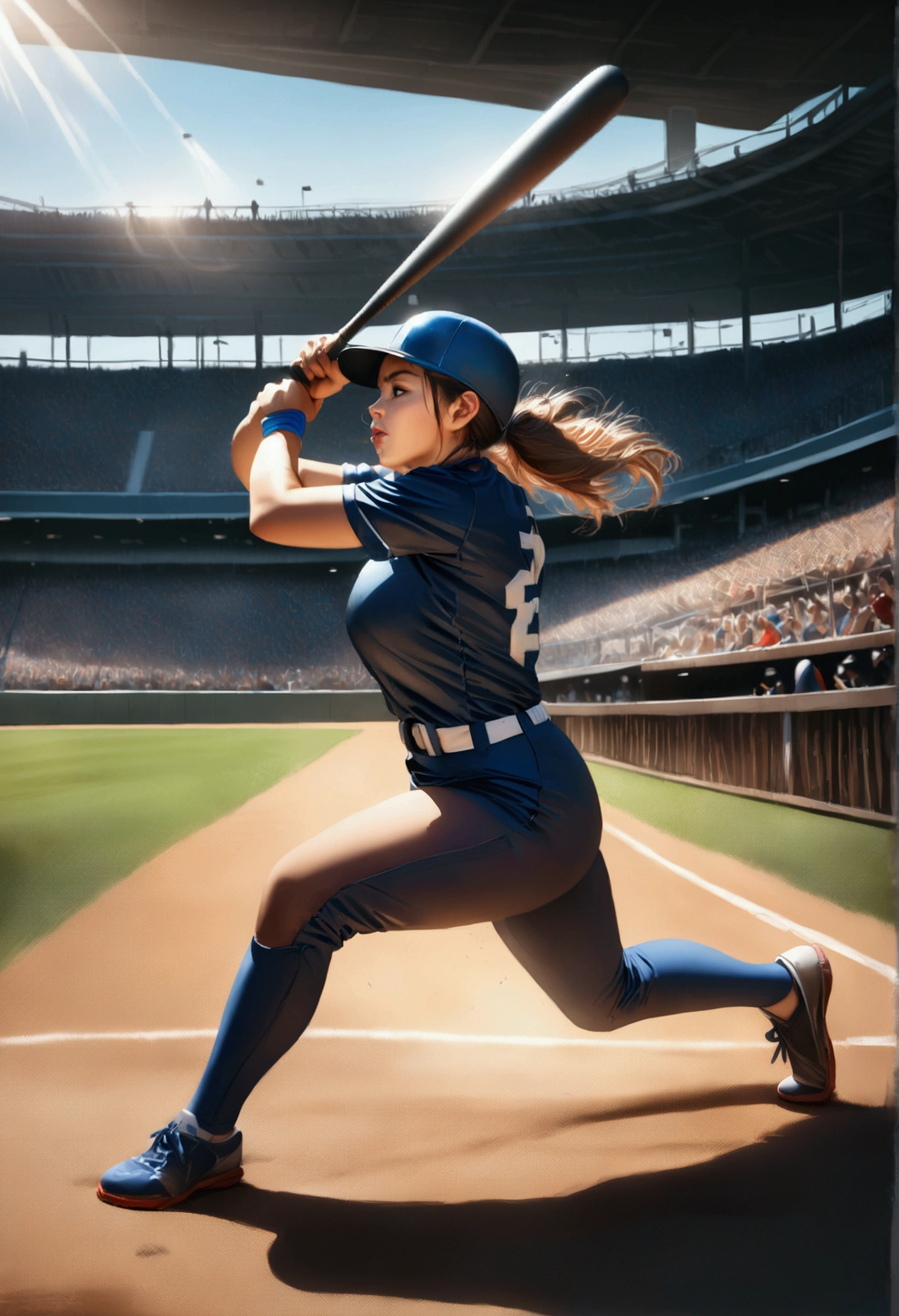 busty baseball player in baseball uniforms, big breasts, ultra-realistic, photorealistic, highly detailed, 8k, best quality, masterpiece, realistic skin texture, extreme detail, muscular female athlete, dynamic pose, action, baseball uniform, baseball diamond background, dramatic lighting, vibrant colors, cinematic composition