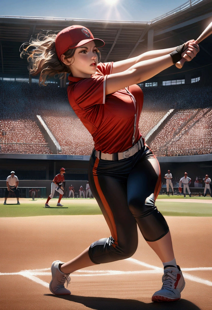 busty baseball player in baseball uniforms, big breasts, ultra-realistic, photorealistic, highly detailed, 8k, best quality, masterpiece, realistic skin texture, extreme detail, muscular female athlete, dynamic pose, action, baseball uniform, baseball diamond background, dramatic lighting, vibrant colors, cinematic composition