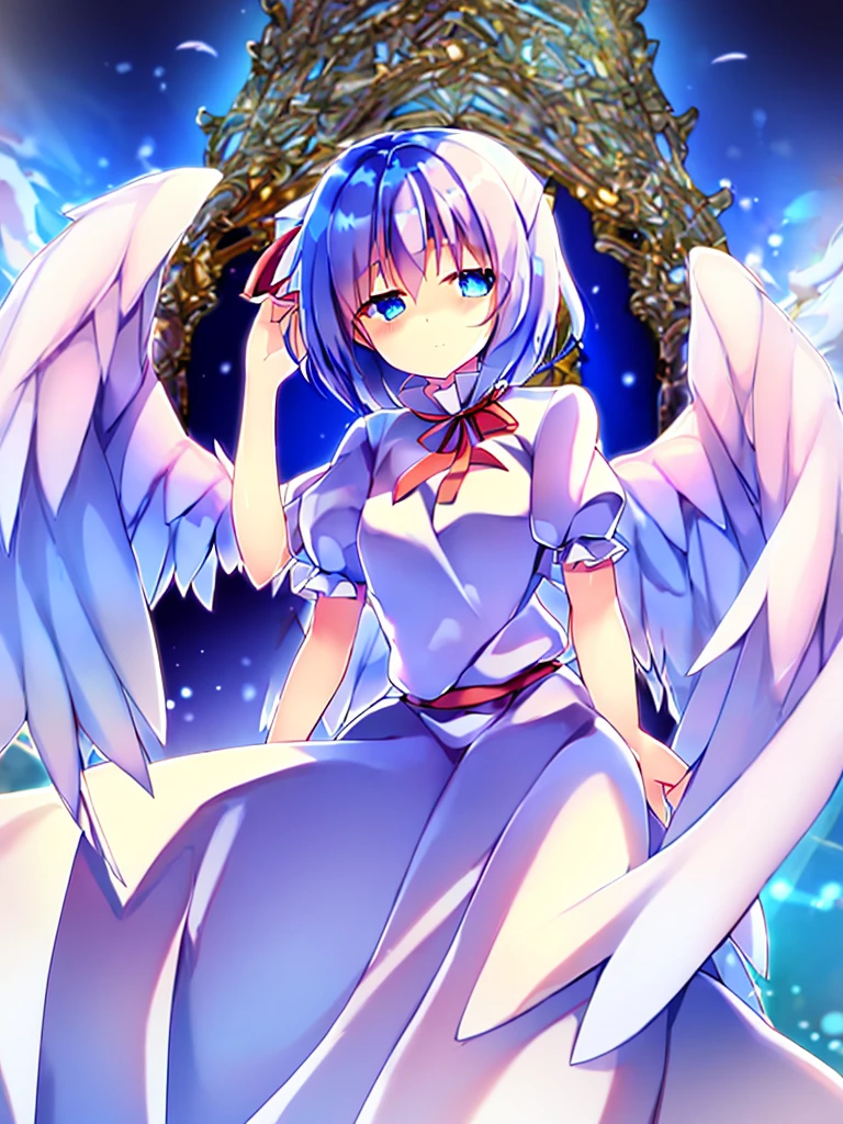 (best quality,4k,8k,highres,masterpiece:1.2), ultra-detailed, highly detailed texture, intricate details, high quality textures, A cute teenage angel with blue eyes, drawn in anime style, 1girl, , , 10 years old, medium blue hair, hair flaps, pink ribbon on head, well-formed face, blue eyes, angel girl, white blouse, puffy short sleeves, red ribbon, angel wings, long white skirt, red shoes, frills, ribbon head, A pair of angel wings on the back