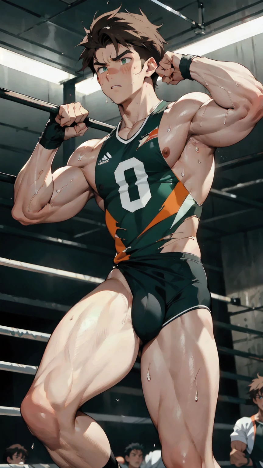  Young man, cute, handsome, youthful, determined, driven, focused, passionate,  bashful, 19-year-old, (combed parted brown hair), (glossy tan skin), (big tired green eyes), (wrestler), ripped, shredded, (torn (black) (wrestling singlet) ), (sneakers), well-trained muscles, strong, powerful muscles, sweating, sweaty, exhausted, intense gaze, icy stare, fighting stance, alone in a training gym, atmospheric, masterpiece, (90s anime)