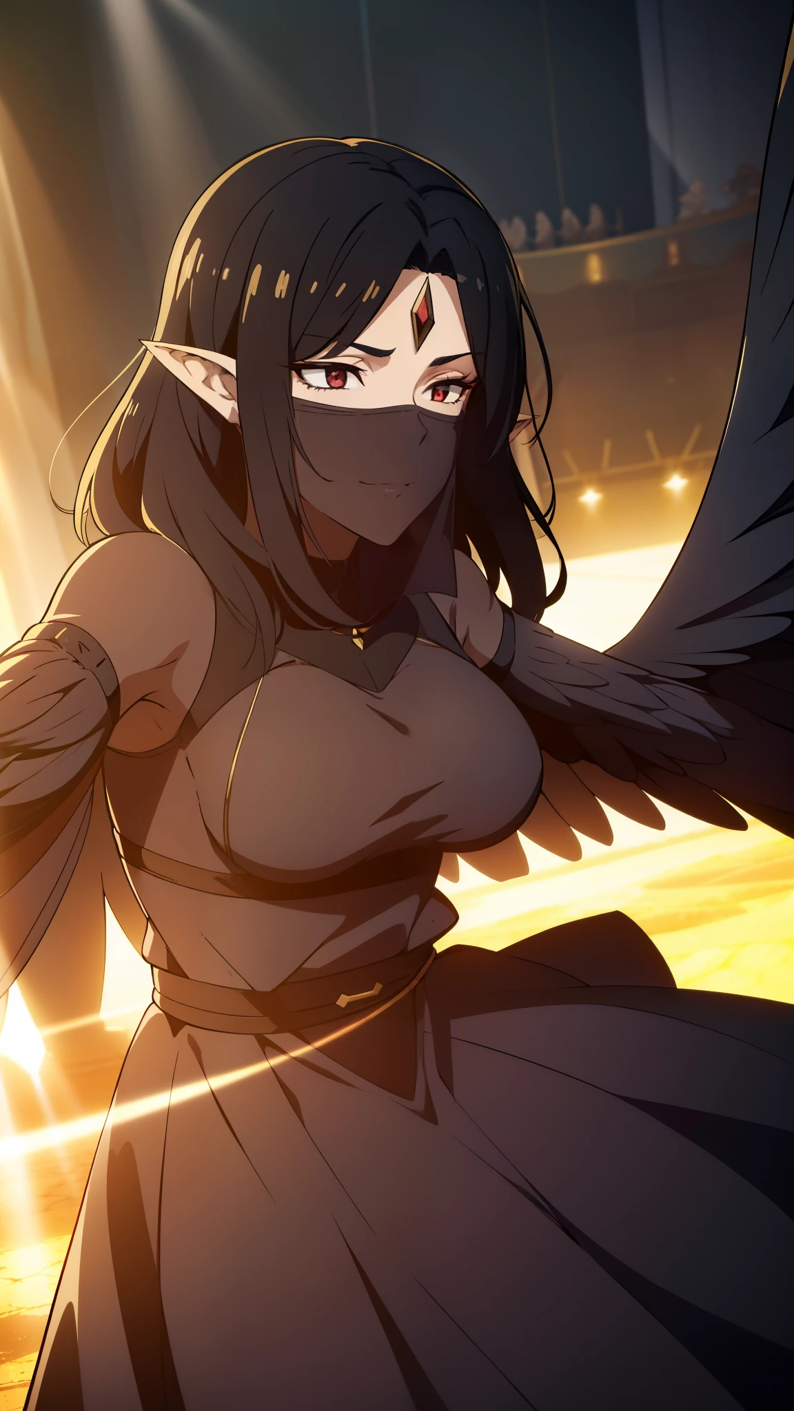 ((1woman,mature female,40s)),sensual,black dress,black hair,pointy ears,harpy,wings,no arms,(black mouth veil),((in a arena of battle,sunlight)),dancing,dynamic angle, close up