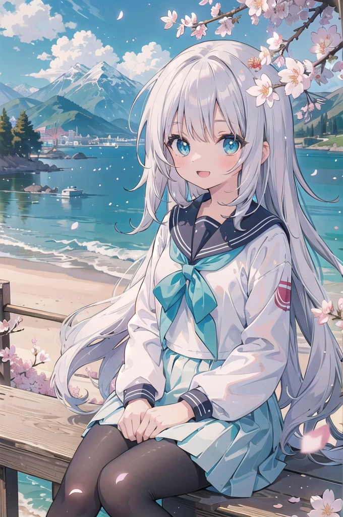 (masterpiece),  scenery,  mountainous horizon,  cherry blossoms,  petals,  light particles,  upper body,  1girl,  sailor,  wavy hair,  floating hair,  smile,  sitting,  open mouth,  light particles,  silver hair,  aqua eyes,  looking at viewer,  face focus