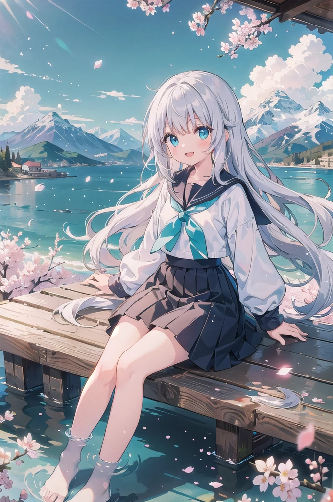 (masterpiece),  scenery,  mountainous horizon,  cherry blossoms,  petals,  light particles,  upper body,  1girl,  sailor,  wavy hair,  floating hair,  smile,  sitting,  open mouth,  light particles,  silver hair,  aqua eyes,  looking at viewer,  face focus