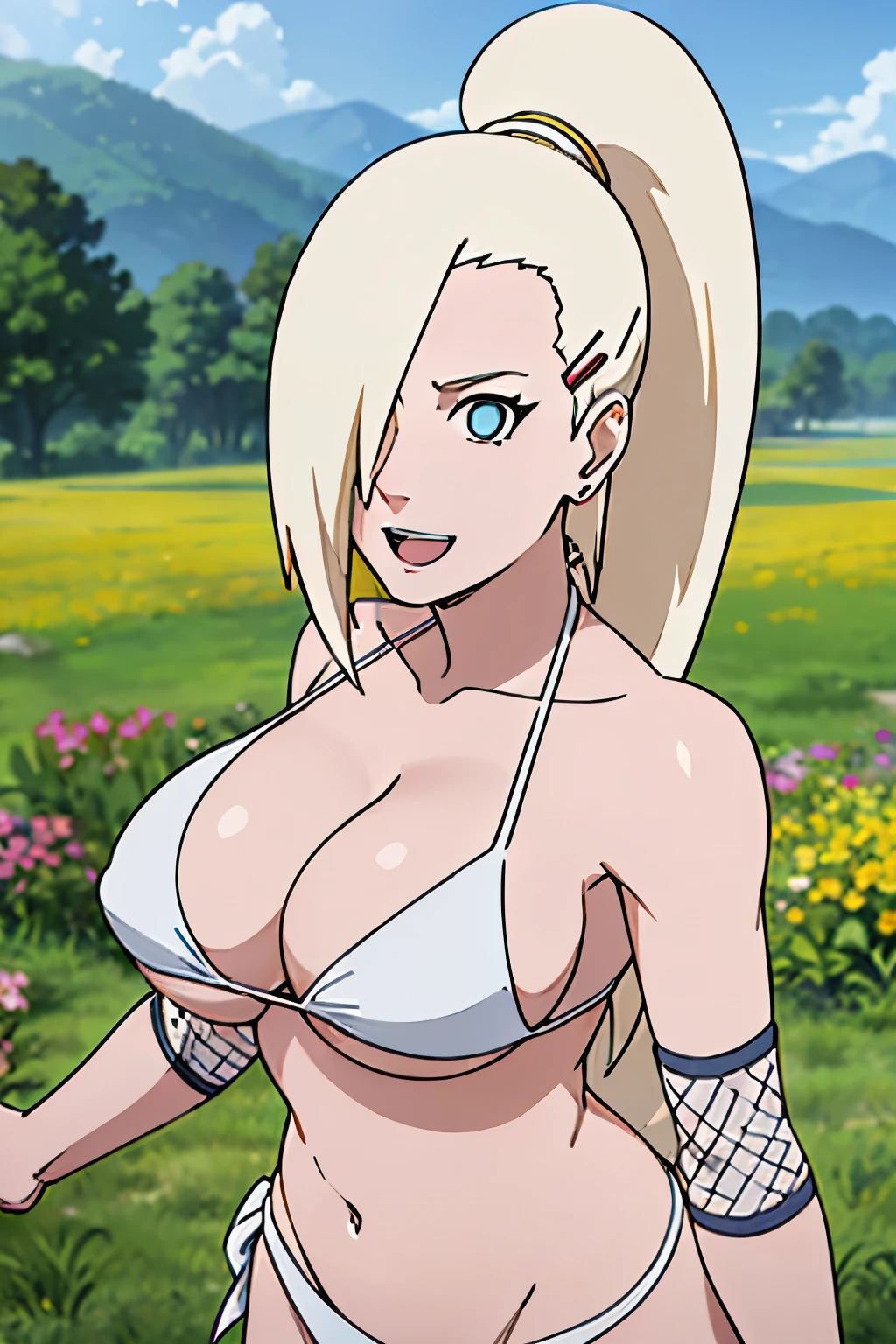 (White bikini:1.5), Ino yamanaka, looking at the viewer, gorgeous, attractive, groin, cowboy shot, ultra detailed face, sunny day, day time, upper body view, anime style, solo, detailed flower field, blonde, (focus on face), ((one eye covered with hair, hair over eye, ponytail)), medium breasts, belly button, looking at the viewer, thick arms, (off-shoulders, wide shoulders, curving body), hidden eye, smile, open mouth, very happy, tall, hair clip, sharp look, sharp face, sharp eye, cold colors,
