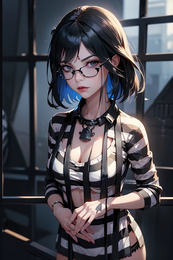 (Rear view, Back picture),(masterpiece:1.3), ((best quality:1.3), I have no idea, 1 girl, Polarized Glasses, old, short hair, solitary, collar, There is a mole above the mouth, sunglasses, large old, ((Ropa About Us)), ((Striped clothes)), prisoner, shirt, Striped prisoner suit, Clothes were torn,upper body, shackles, Black and white lines, (Prison bars background :1.4), (iron groceries),( Showing off black lingerie),( Vibrant colors), (prisoner:1.4 ), (Delicate face :1.4) Beautiful breasts、Huge breasts:1.4