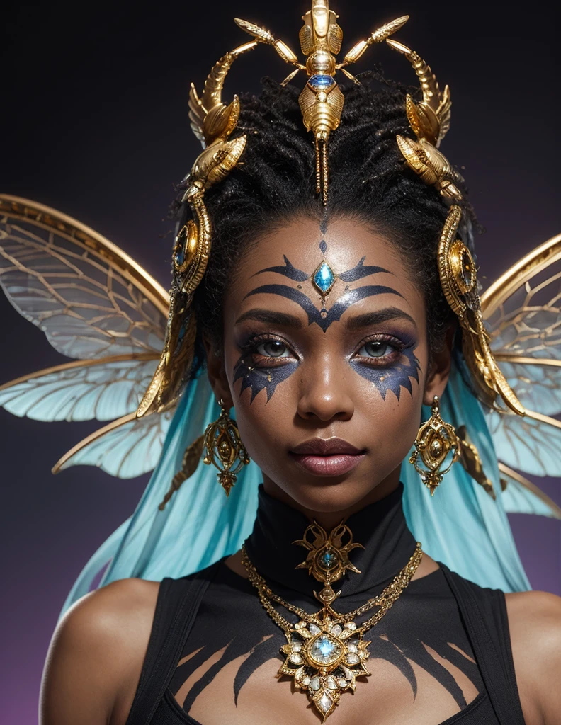 dousan, gelfling, female, blues and gold skin, black afro, heterochromia eyes, insect wings, wearing chest wrap, headgear, facepaint, half body, in a iridescent crystal desert, looking at viewer