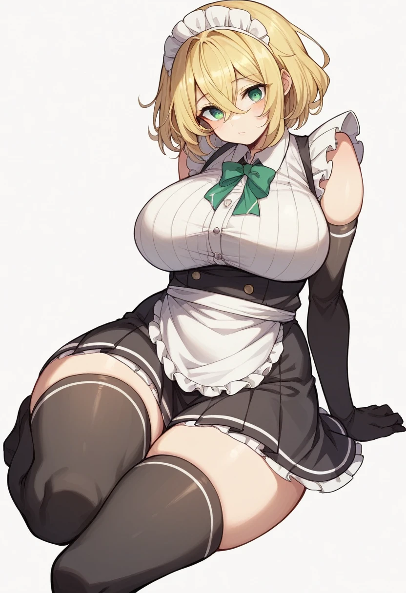 (One girl)、(bob cut)、((Blonde))、（Sato Air）、slan eyes、((boyish))、cute、(Big super breasts)、[Chubby]、Maid clothes、No sleeve、mini skirt、White sleeveless、((hairs between eyes))、thigh-high socks thighhighs、(long gloves)、(flipped hair)、green eye、(say)、arm behind back、White Background、