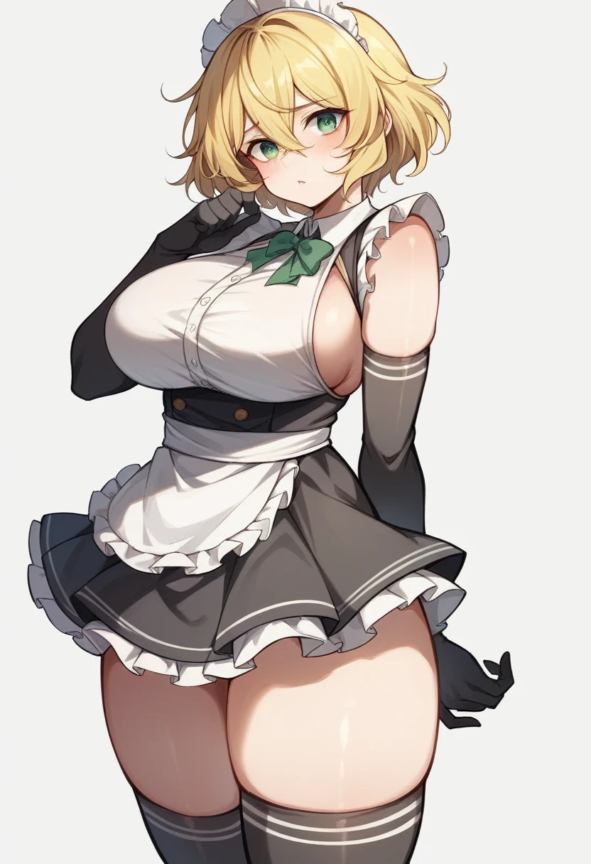 (One girl)、(bob cut)、((Blonde))、（Sato Air）、slan eyes、((boyish))、cute、(Big super breasts)、[Chubby]、Maid clothes、No sleeve、mini skirt、White sleeveless、((hairs between eyes))、thigh-high socks thighhighs、(long gloves)、(flipped hair)、green eye、(say)、arm behind back、White Background、
