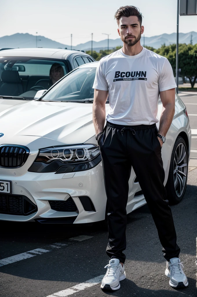 a model, wearing a black insider t-shirt and white pants and white sneakers, posing in front of a BMW sedan, masculine face, face with a defined jaw and wide chin, full and well-groomed beard. 4k, realistic, cinematic