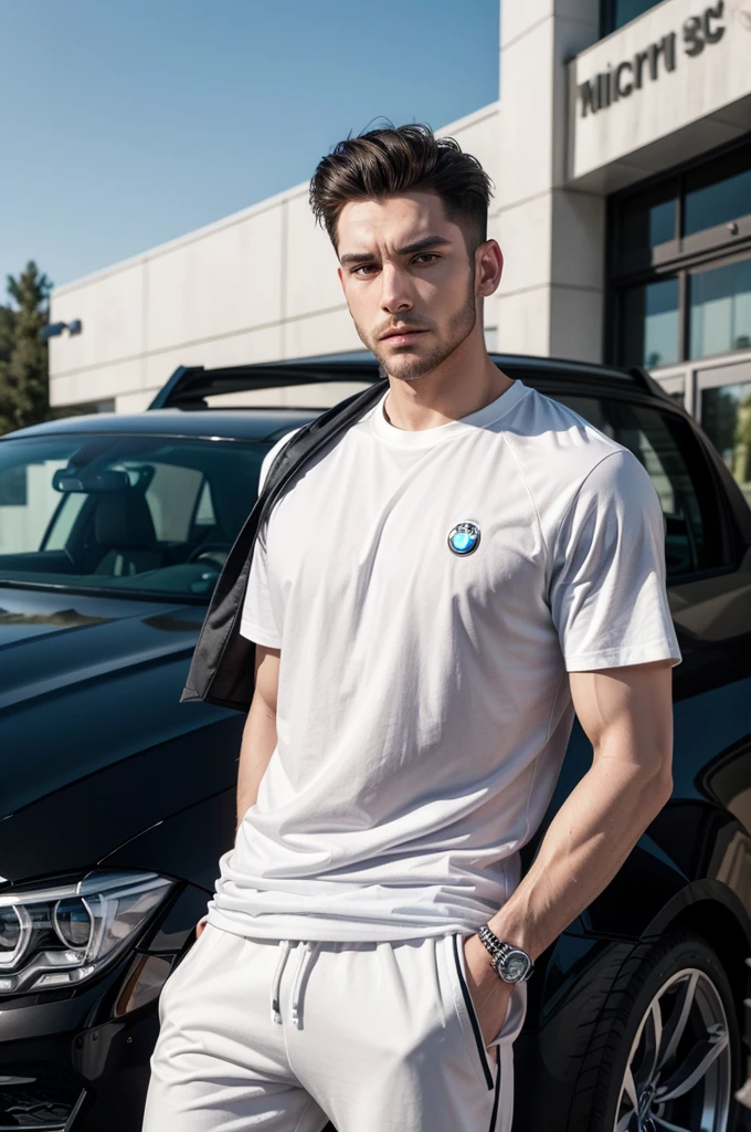 a model, wearing a black insider t-shirt and white pants and white sneakers, posing in front of a BMW sedan, masculine face, face with a defined jaw and wide chin, full and well-groomed beard. 4k, realistic, cinematic
