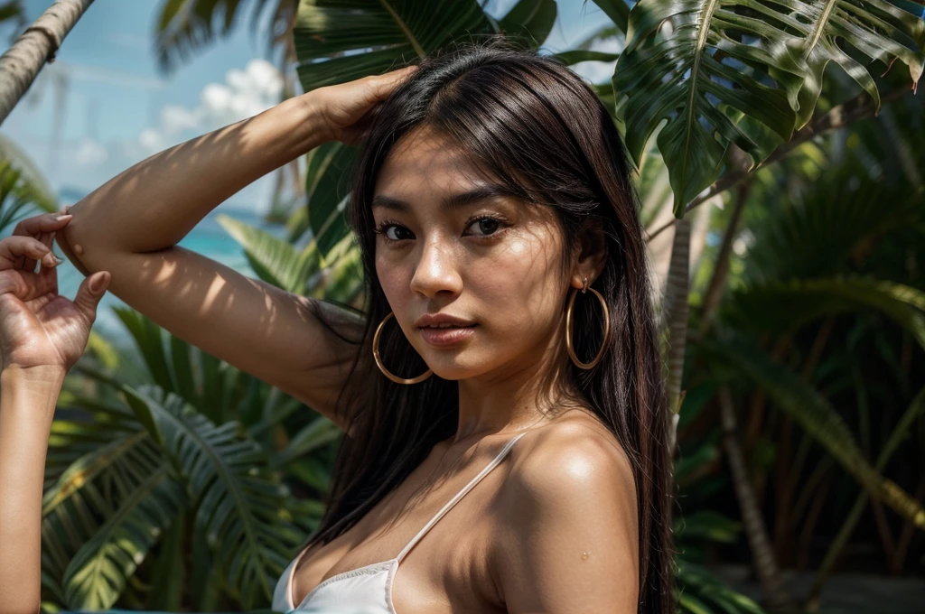 one asian woman, 18 years old, with white hair, asian girl, 172cm height, 68kg weight, clear green eyes, long lashes, perfectly shaped eyebrows, slim and well-defined body, curvy body, thin nose, small ears, full lips, white teeth, small soft hands, painted fingernails, wearing long black sportswear, high resolution, masterpiece, best quality, intricate high detail, highly detailed, sharp focus, detailed skin, realistic skin texture, real skin texture, realistic texture, professional, real life, ultra-realistic, photorealism, photography, realistic photography, UHD, indoor, sitting on ground, in gym, view from bottom
