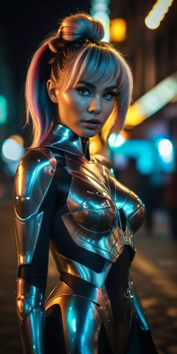 ((full body))(realistic analog style sharp focus 8k raw photo with soft lighting and high quality:1.1),
(hdr film grain:1.2),movie poster,
a cute woman wearing a shiny (textured:1.2) (intricate:1.2) cyborgcosplay in a dark street at night, (cinematic hairstyle:1.2)