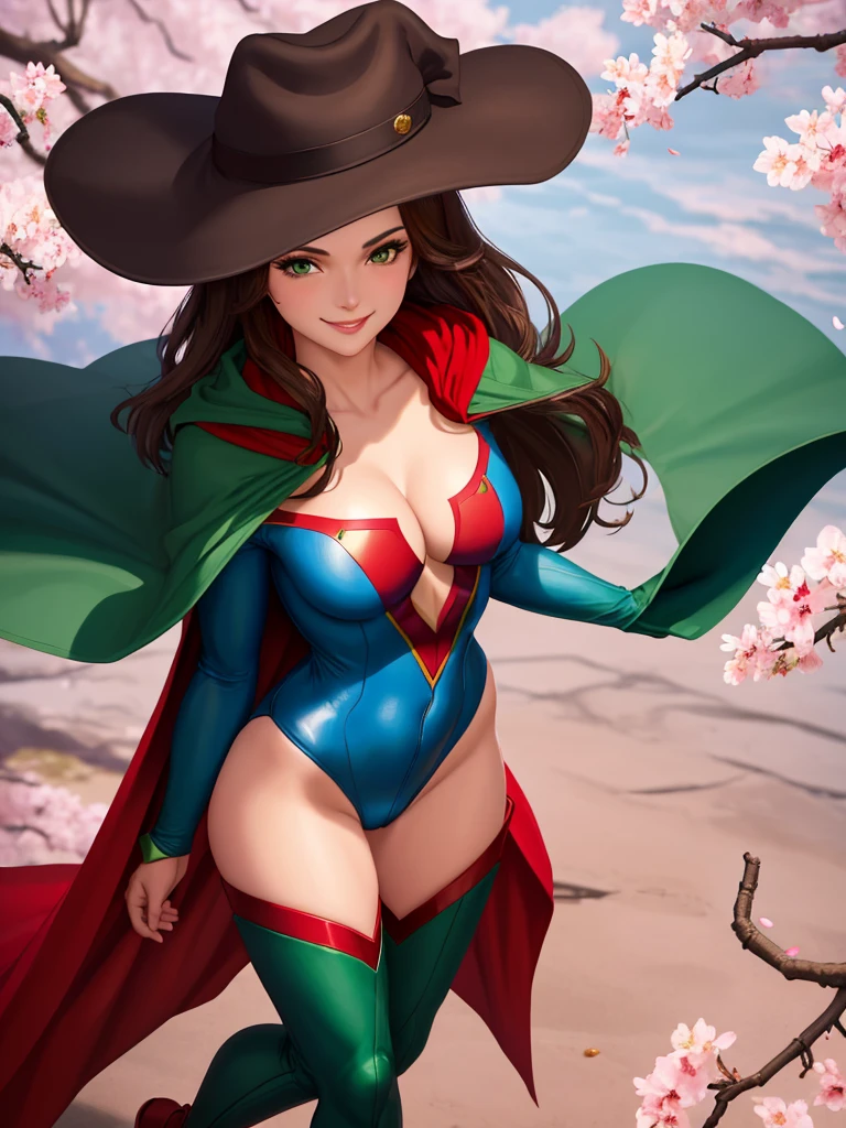 masterpiece, best quality:1.2), 1girl, smile, looking at viewer, short brown hair, green eyes, black fedora hat, dressed as superwoman, full bodysuit, blue catsuit, red cloak cape, red boots, standing under cherry blossoms
