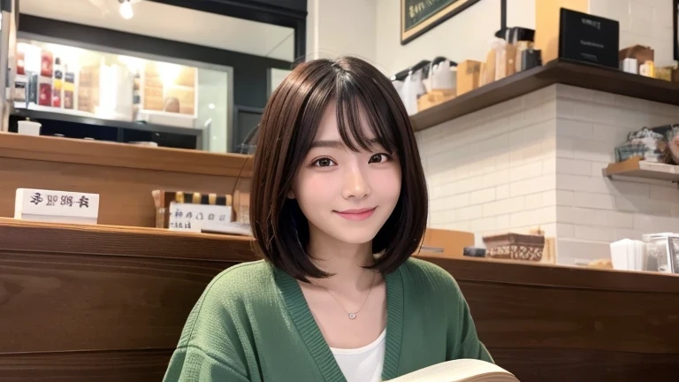 Produce the highest quality and highest resolution 8K images。Please draw the upper body of a 20 year old Japanese woman.。Please draw an image of someone reading a book in a stylish coffee shop.。She has brown eyes and a model-like figure、She has an idol-level cute face.。Her hair is bob。The skin is、A healthy skin tone。she、I'm smiling at the camera。