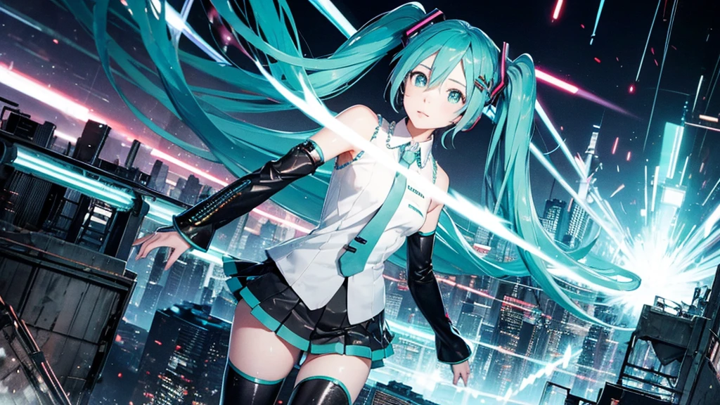 Hatsune Miku、With falling sparks on the background of a ruined city、Heavy metal style cover image。