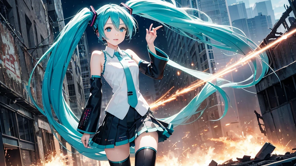 Hatsune Miku、With falling sparks on the background of a ruined city、Heavy metal style cover image。