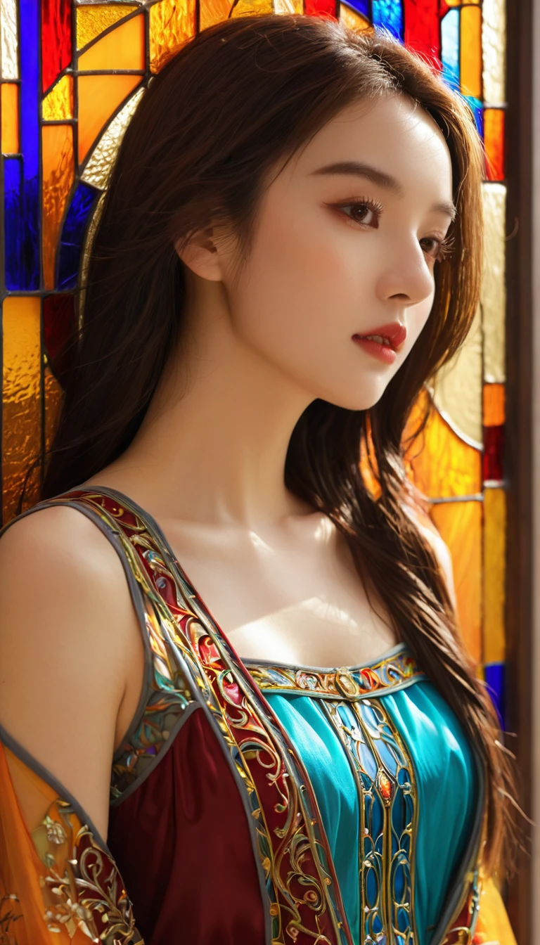 (masterpiece, Top quality, best quality,Official Art, beautiful and aesthetic:1.2),(1 Girl:1.3), 1 Girl BREAK stained glass art, Multicolored Glass, lead lines, Light penetration breaks up the bright colors, Complex design, Glow Effect, Atmosphere