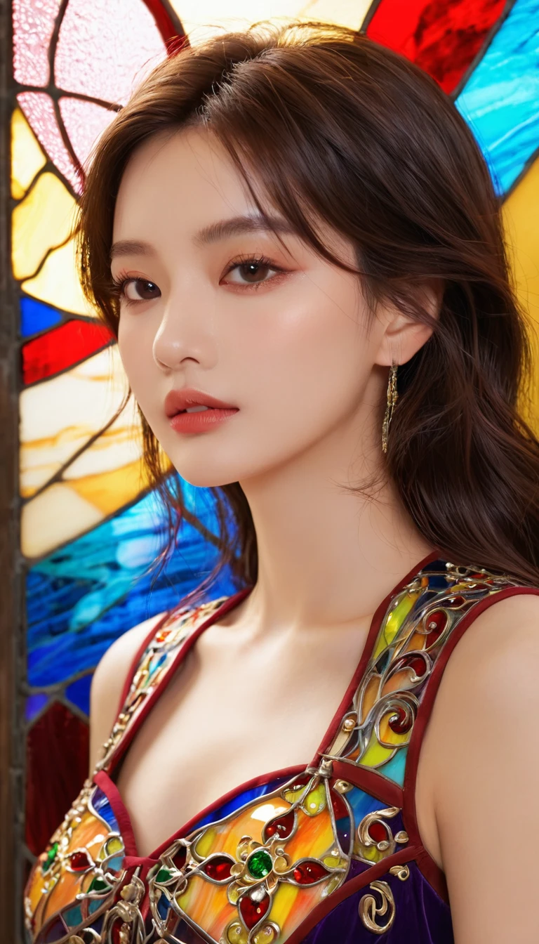 (masterpiece, Top quality, best quality,Official Art, beautiful and aesthetic:1.2),(1 Girl:1.3), 1 Girl BREAK stained glass art, Multicolored Glass, lead lines, Light penetration breaks up the bright colors, Complex design, Glow Effect, Atmosphere