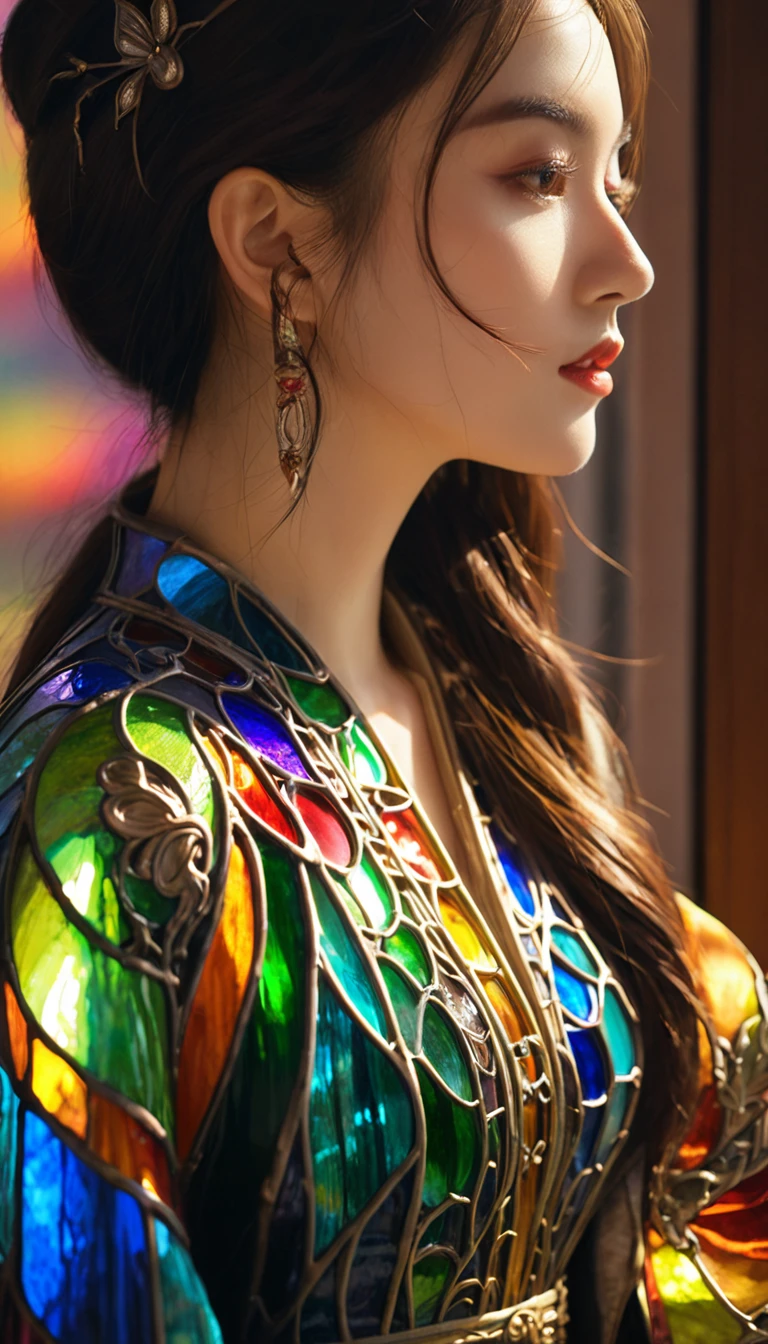 (masterpiece, Top quality, best quality,Official Art, beautiful and aesthetic:1.2),(1 Girl:1.3), 1 Girl BREAK stained glass art, Multicolored Glass, lead lines, Light penetration breaks up the bright colors, Complex design, Glow Effect, Atmosphere