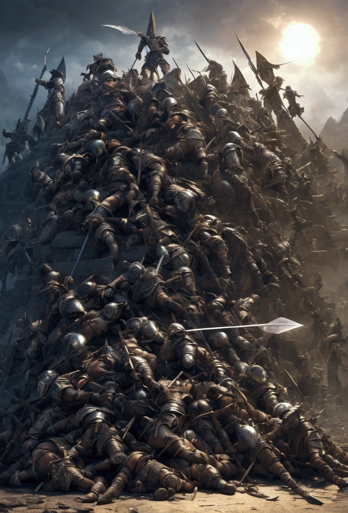 Master Piece, best quality, (extremely detailed CG unity 8k wallpaper), (best quality) 8k detail. A pyramid pile of 300 unconscious male barbarian soldiers defeated in battle. The 300 unconscious barbarian soldiers are piled up on top of each other, one by one. They are clad in armor and helmets. spikes stick out of the pile of bodies. spears with small pennant flags stick out of the pile of bodies. swords, helmets, arms, legs and heads stick out of the pile randomly. The pile is 30 feet high. NO man is naked. The pile is not uniformly even, the bodies are placed in random poses.