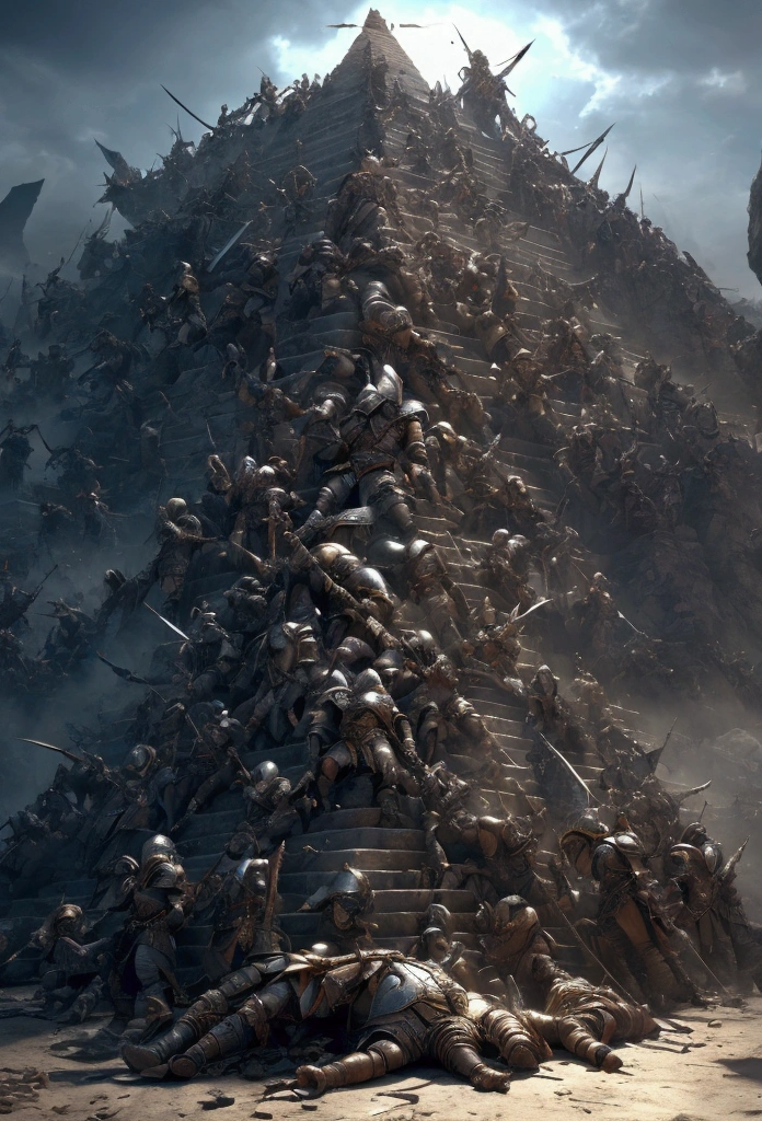 Master Piece, best quality, (extremely detailed CG unity 8k wallpaper), (best quality) 8k detail. A pyramid pile of 300 unconscious male barbarian soldiers defeated in battle. The 300 unconscious barbarian soldiers are piled up on top of each other, one by one. They are clad in armor and helmets. spikes stick out of the pile of bodies. spears with small pennant flags stick out of the pile of bodies. swords, helmets, arms, legs and heads stick out of the pile randomly. The pile is 30 feet high. NO man is naked. The pile is not uniformly even, the bodies are placed in random poses.