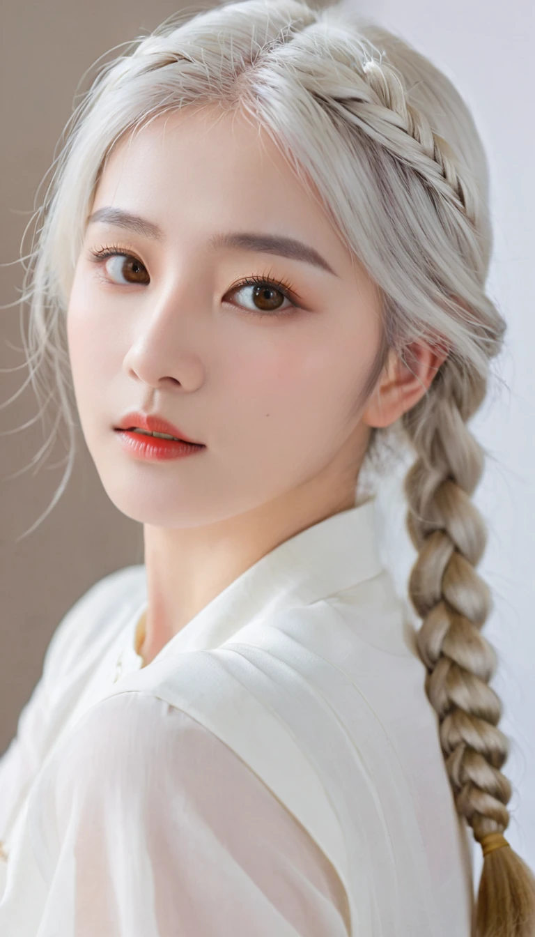 best quality, masterpiece,White hair, Golden Eyes,White clothes, look up, Upper Body,Hair,White skin,Side Braid