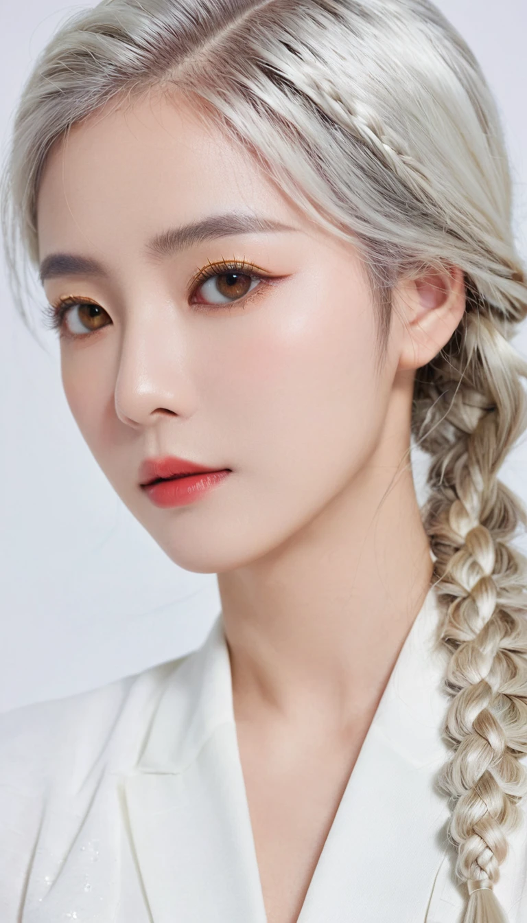best quality, masterpiece,White hair, Golden Eyes,White clothes, look up, Upper Body,Hair,White skin,Side Braid