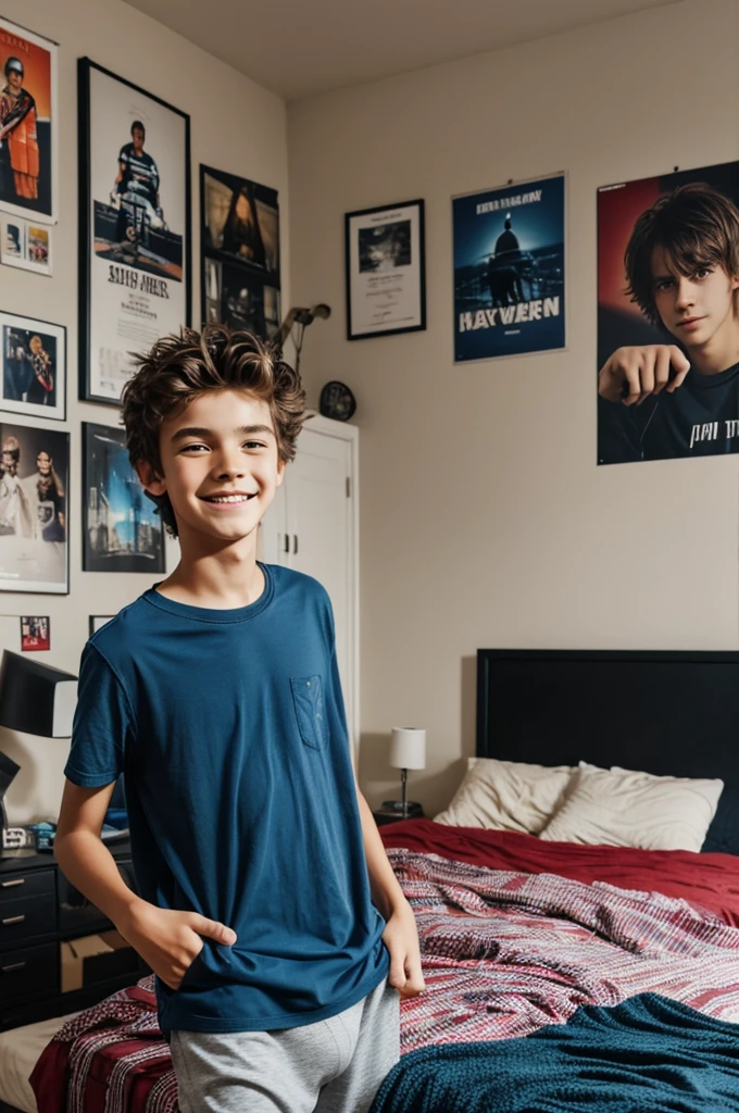 

A 15 year old boy, thin and of medium height, with messy hair and a mischievous smile. It has a casual and relaxed style, preferring comfortable clothes. He likes to sleep in boxer briefs because he finds them comfortable and cool.. Your bedroom is a reflection of your personality, with posters of their favorite bands and some typical clutter for their age. He is adventurous and enjoys the freedom he feels from being in his most comfortable clothes while he sleeps.. 