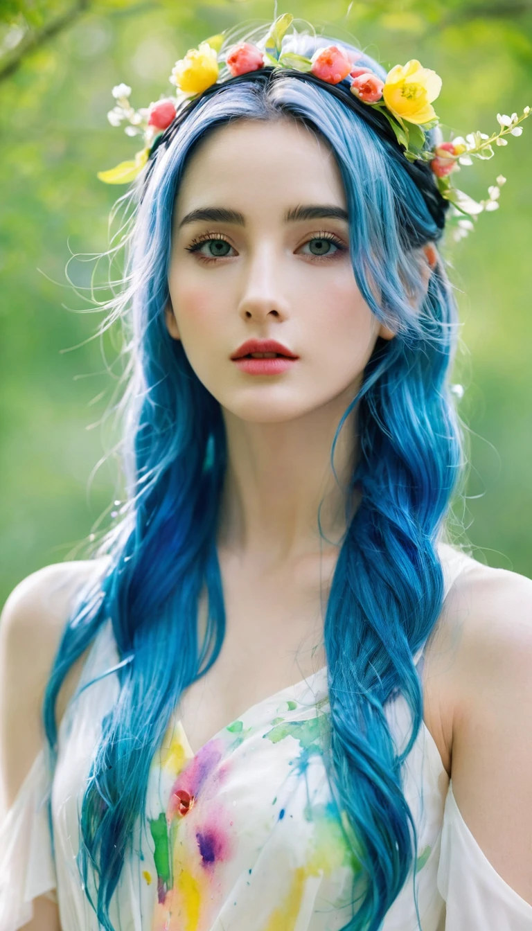 (best quality),(masterpiece:1.2), (rich and colorful:0.9), (Ink splash),(Splash of Color),((watercolor)), Sharp focus, Model photo,, (Spring Goddess Portrait:1.5), Cute expression,Elegant blue hair, Beautiful face and eyes, Elegant goddess clothing, Spring forest background,, Colored Water
