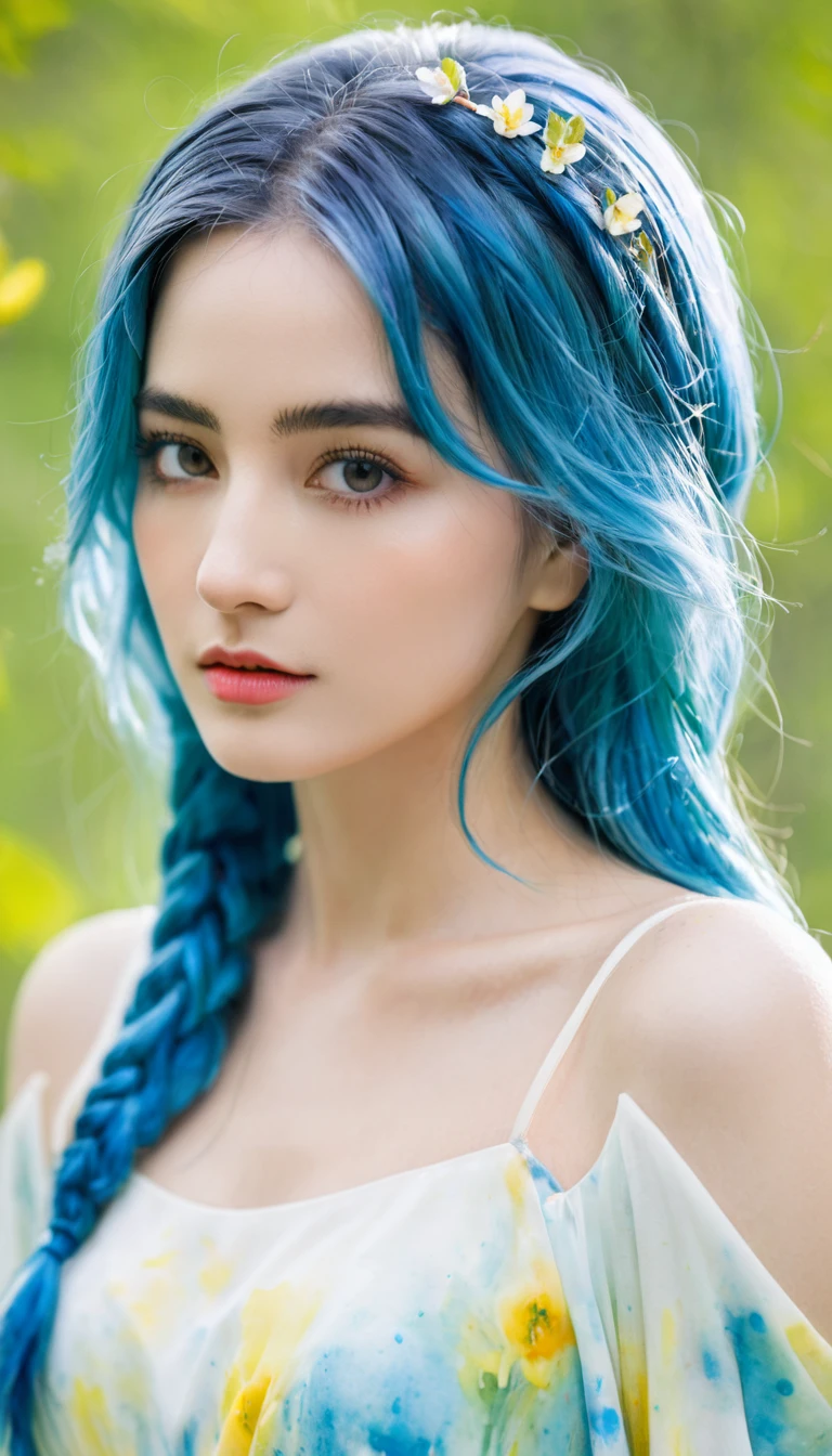 (best quality),(masterpiece:1.2), (rich and colorful:0.9), (Ink splash),(Splash of Color),((watercolor)), Sharp focus, Model photo,, (Spring Goddess Portrait:1.5), Cute expression,Elegant blue hair, Beautiful face and eyes, Elegant goddess clothing, Spring forest background,, Colored Water  