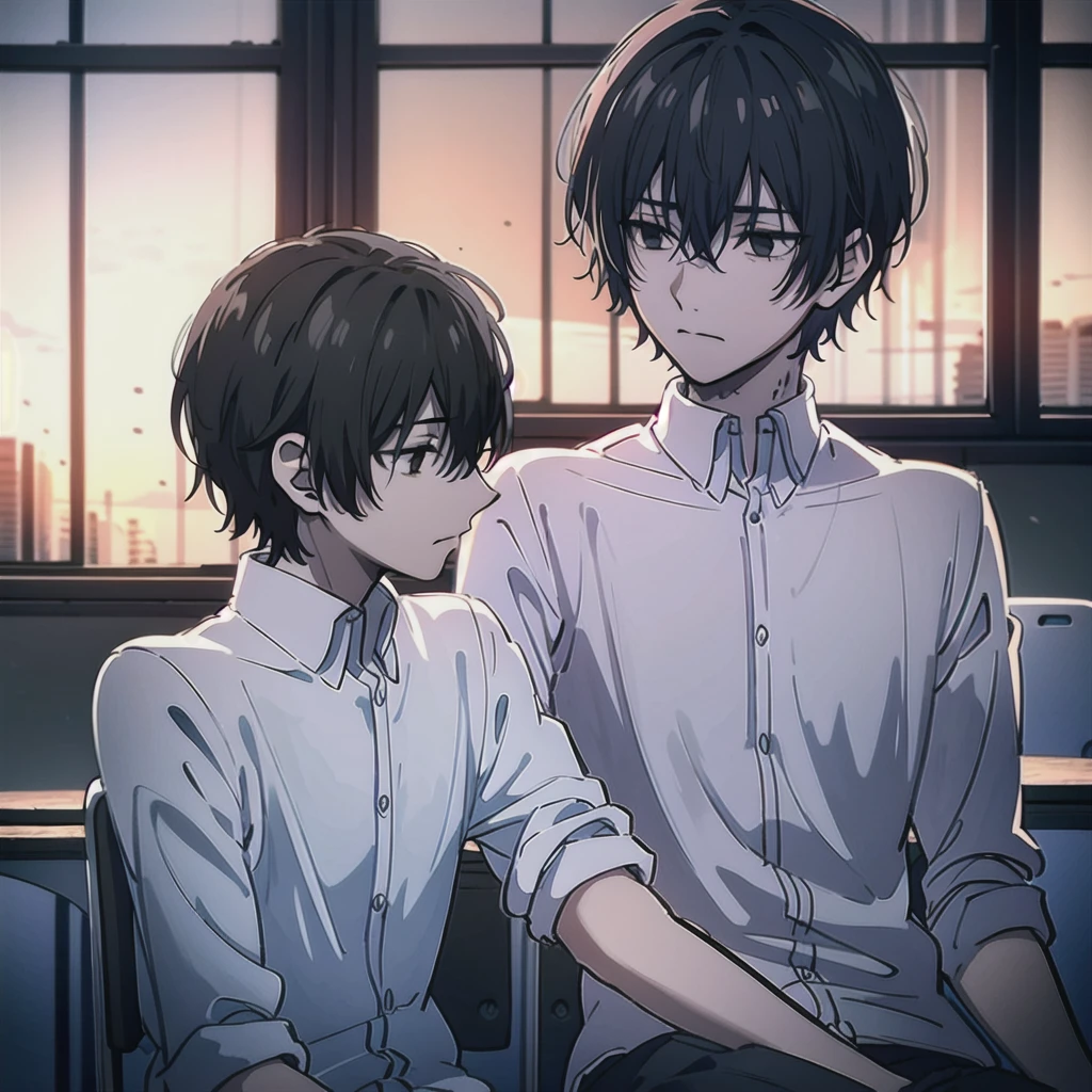 ((best quality)), ((masterpiece)), (detailed), 1boy,, bored look, blank look, disinterested look, resting on desk, school chair, empty classroom, black hair, black eyes, sketch, alone, short hair. half body, face, gloomy, dark eyes, illustration, solo, sitting, gazing on outside windows.