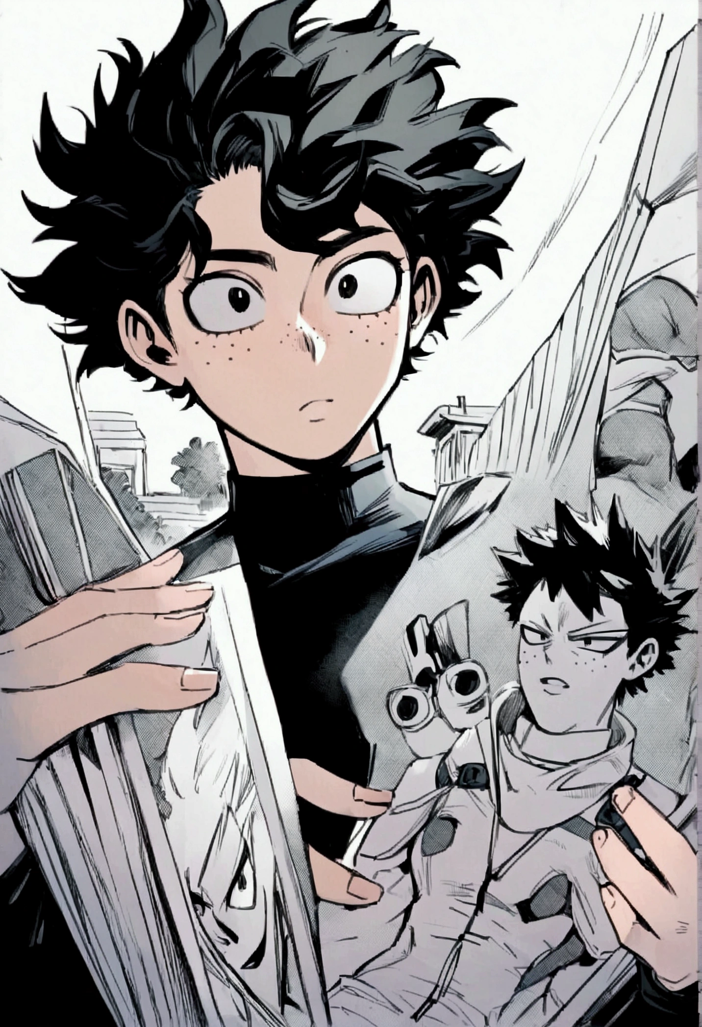 My hero academia, feminine male with curly black hair and black eyes with freckles, manga style,black and white