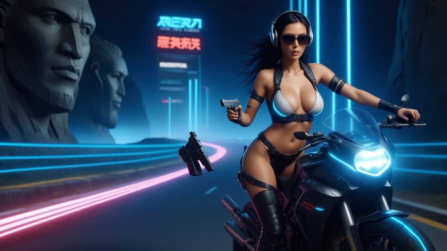 C7b3rp0nkStyle, dark night, prehistoric maze mysterial park, moai statue, waterfall, eagle, cyberpunk, sci-fi, futuristic, tech. (((((1girl, solo, alone, superbiker, close-up superbike shot))))), medium-breast:1.1 slim body, cleavage, sexy clothes, (headphone, black sunglasses, long black realistic hair), (((superbike riding and holding pistol poses))), half-body thigh level medium shot, cinematic lighting, lens flare, ray tracing.