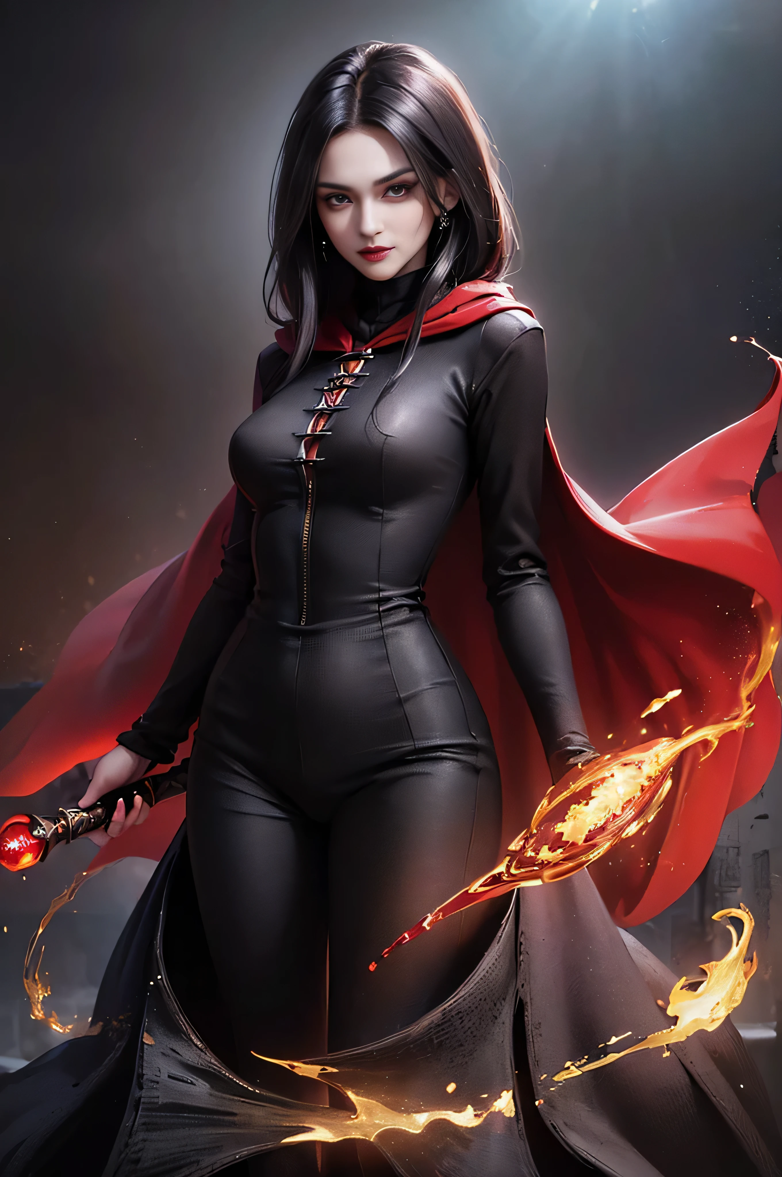 (skindentation:1.5), Realistic, Photorealistic, (masterpiece:1.5), concept art, intricate details, highly detailed, photorealistic, octane render, 8k, unreal engine, dynamic pose, best quality, highres, (realistic face:1.1), (hyperrealistic:1.1), (((full_body))), perfect eyes,(shiny skin:1.2), (((hairstyle))), (((perfect handtremely detailed background), ((dynamic background)), ((1girl)), (((wearing black jumpsuit, dark red wizard cape))), ((detailed eyes, high quality eyes, high quality face)), (extremely intricate cape), long black hair, dramatic, depth of field, bokeh, 4k, (((underworld))), ((standing pose)), (((black magic witch))), (((fierce eyes)))