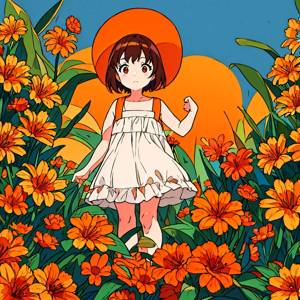 Orange plain background, lily flower, girl in white dress, brown hair, summer, nostalgic, simple