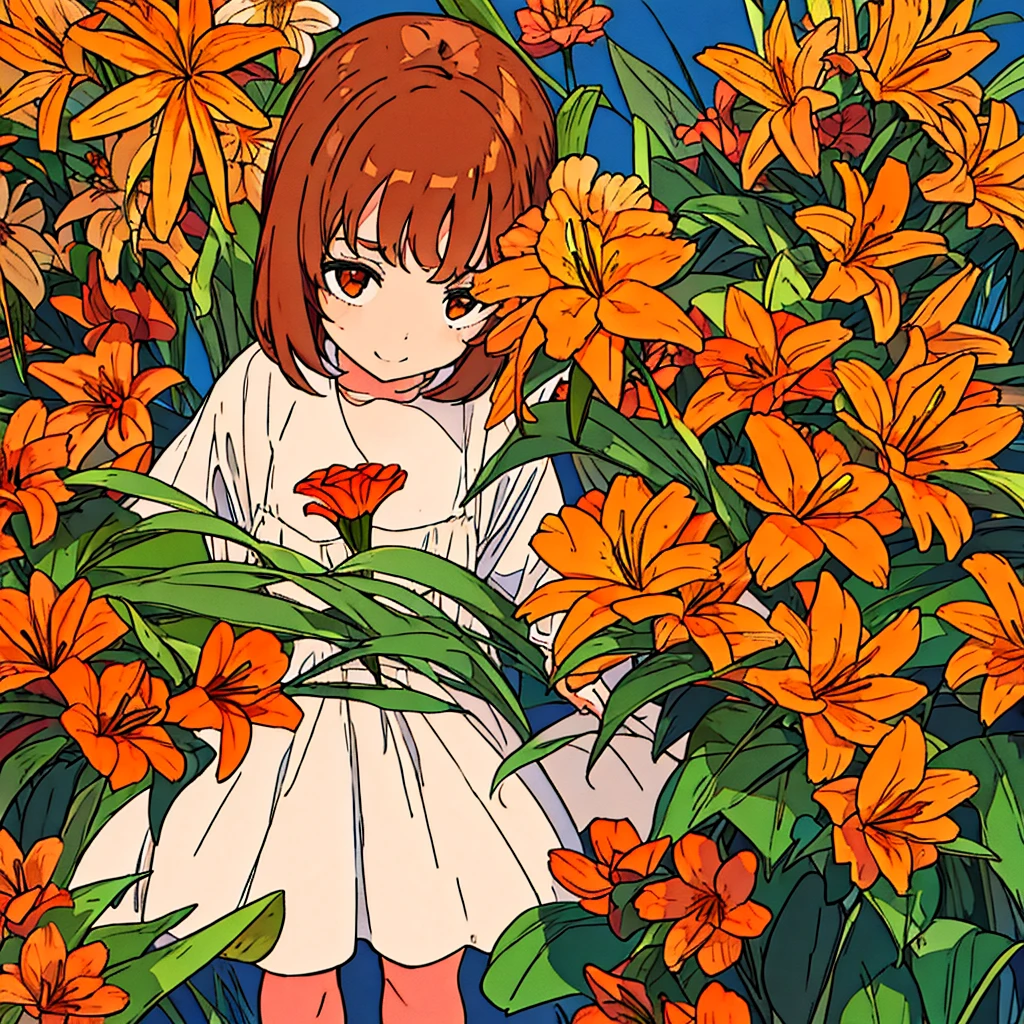 Orange plain background, lily flower, girl in white dress, brown hair, summer, nostalgic, simple