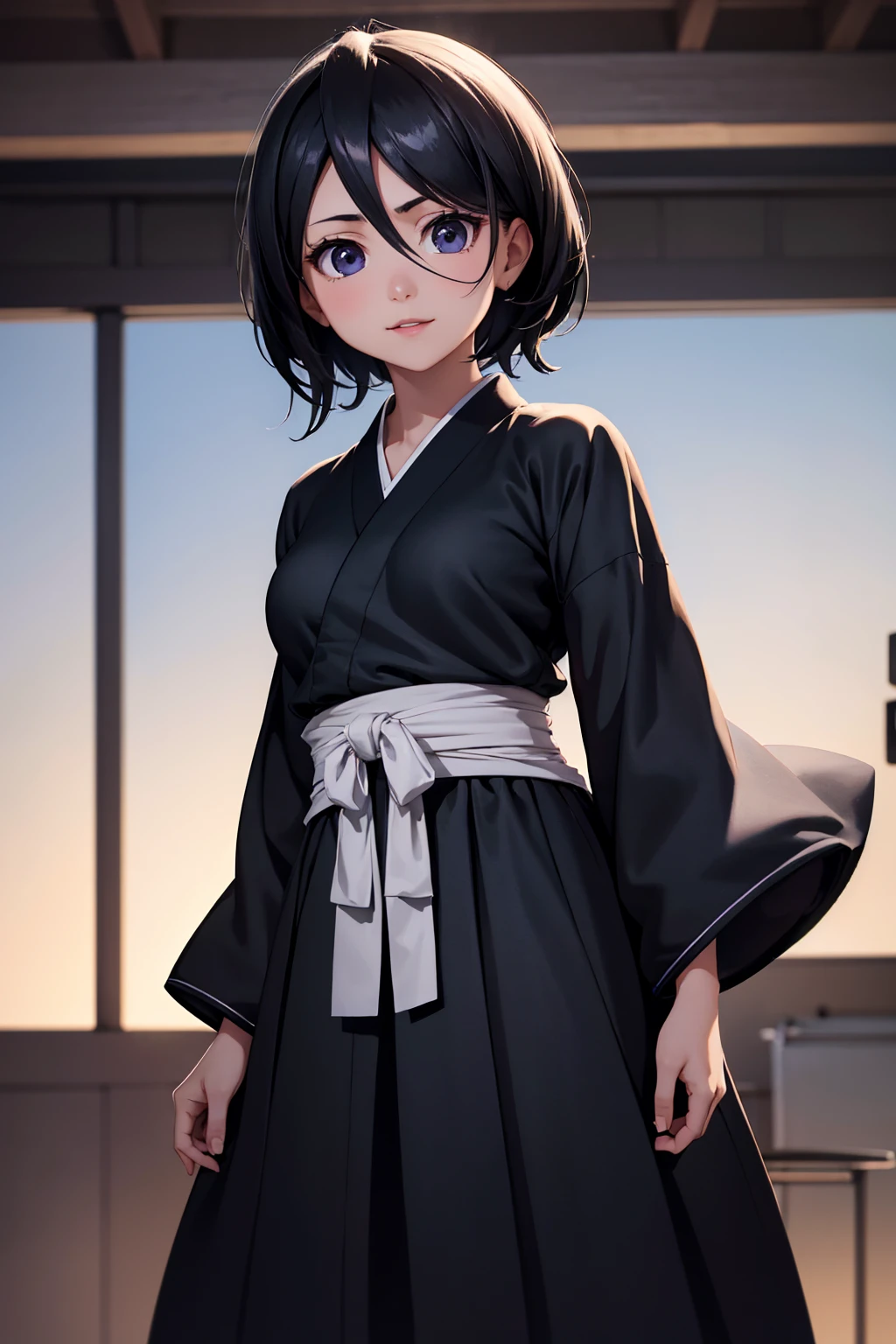 best qualityer, work of art, 1 girl, (standing alone:1.1), ray tracing, ultra detaild,face detailed, 8 k wallpaper, (Broad Hips:0.8), ssmile, hinterland, Holding Jump_VND, 1 girl, Bblack hair, breasts small, shorth hair, black kimono,  