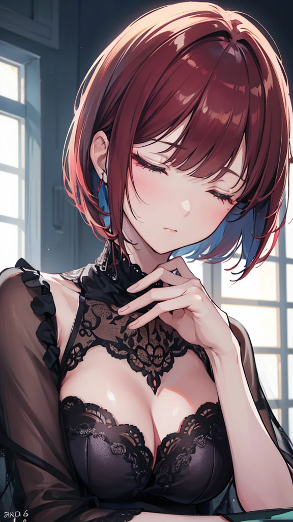 beautiful detailed girl, 1 girl, medium bob cut hair, dark red hair, closed eyes, white background, (best quality,4k,8k,highres,masterpiece:1.2),ultra-detailed,(realistic,photorealistic,photo-realistic:1.37),analog film,hyper realistic,studio lighting,digital art,dramatic lighting,moody atmosphere,cinematic composition,intricate details,clean elegant design,vibrant colors,sleeping pose