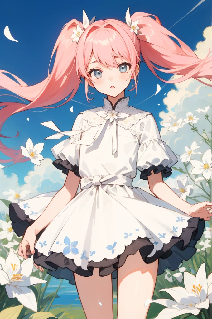 illustration, 2.5D, flat-colors:1.3,  line-art,
(​masterpiece、top-quality:1.6)、white lace dress、Light blue hair、cowboy shot、thighs thighs thighs thighs、beautiful a girl、(floralany small white petals:1.3)、Garden、blue open sky、looking at the viewers、small waist、Official Art、Raw foto、Incredibly ridiculous、face lights、Dynamic Lighting、light、A hyper-realistic、hight resolution、a picture、sharp focus、highestdetailed、ighly detailed、detaile、extremely detailed eye and face looking at camera, pink hair, pigtails,
standing,