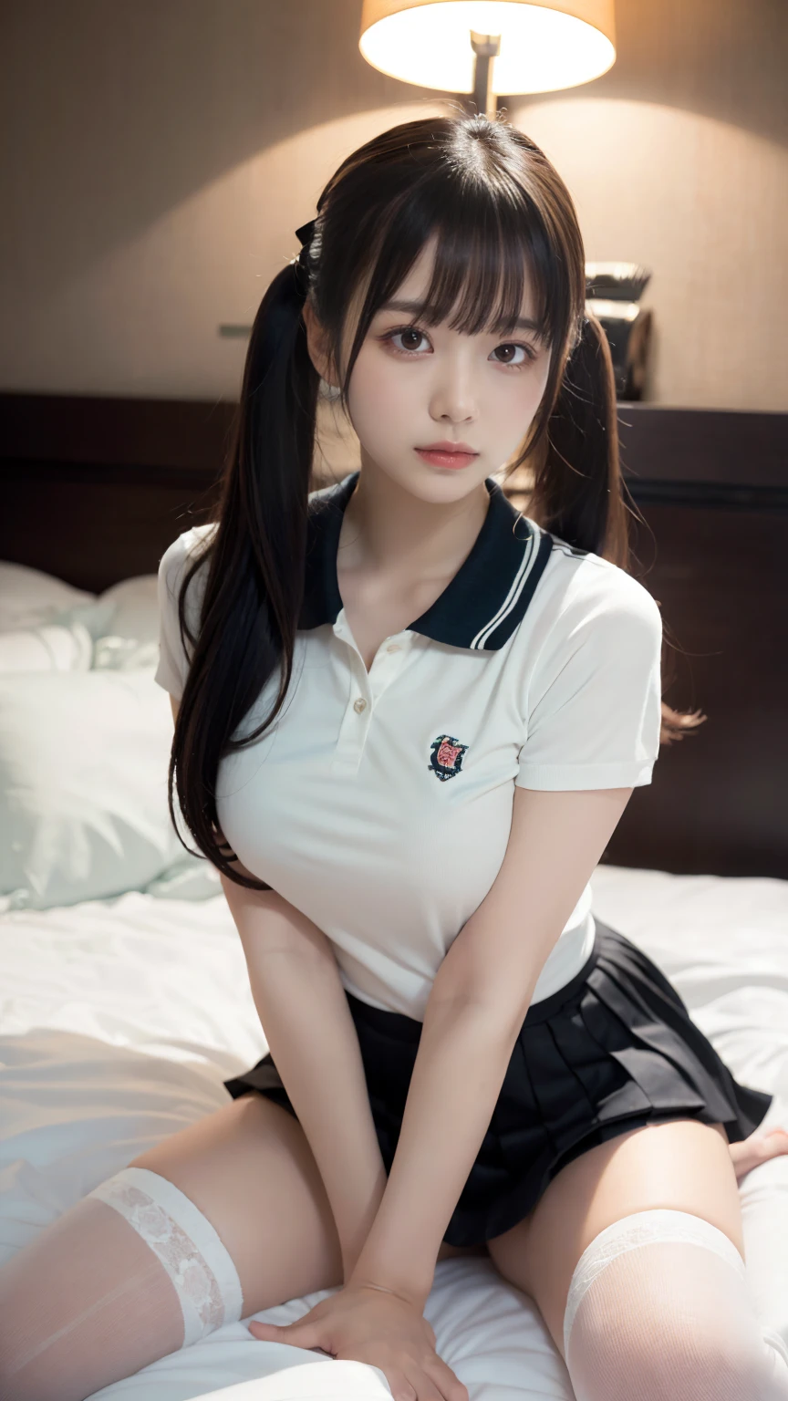 masterpiece, best quality, illustration, Super detailed, fine details, High resolution, 8K,wall paper, perfect dynamic composition,(Details High quality, realistic depiction of eyes:1.3),  (Polo shirt with collar), pleated skirt, knee high socks, twintails, Lying down, black hair color, Big Natural Color Lip, bold sexy pose, (perfect body shape), crying a little、cold gaze, Harajuku style、20 year old girl、cute type、lolita、beautiful legs, hotel room, hposing Gravure Idol, Voluptuous thighs