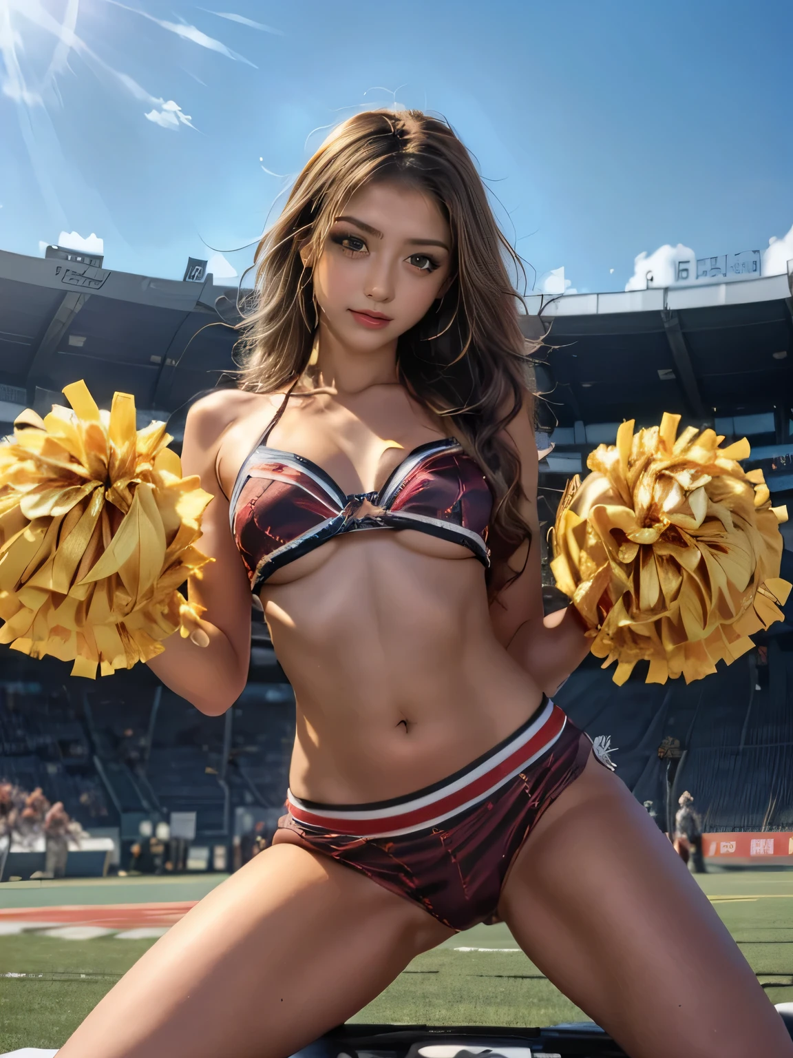 (Straddling from the bottom:1.5),(Seduce you,Dark-skinned gal cheerleader:1.5)、(Sensual smile:1.5)、Beautiful breasts、(Slim body type:1.3)(,Heavy makeup:1.46)、(False eyelashes),short hair、(Random Blonde),Staring at the audience)),Stadium:1.8,Outdoor,White clothing costume:1.8,Ultra Micro Bikini:1.8;Shallow panties above the crotch:1.8,Don&#39;t have a pompom:1.8,Panties are in full view:1.8,American football cheerleading:1.5,