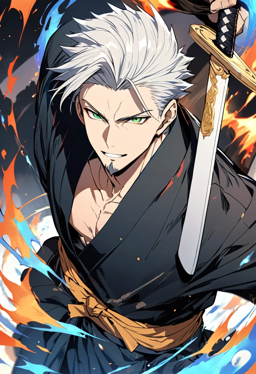 1 young boy, male focus, details Intricate, 1 men, bonitas, White hair, vibrant green eyes, slim muscles, アニメ, 19yearsold, 19 years, a small goatee, kimono de Shinigami, Shinigami, bleach style, bleach, regatta, kimono, bleach, bleach style, katana ( uma katana afiada e longa coberta por Blue flames) , blue flames, Blue flames, katana longa, powerful katana (attacking enemies with your katana making cuts with your flames), katana(fazendo ataque gitarotorios com sua katana dupla destruindo seus openentes com suas Blue flames).