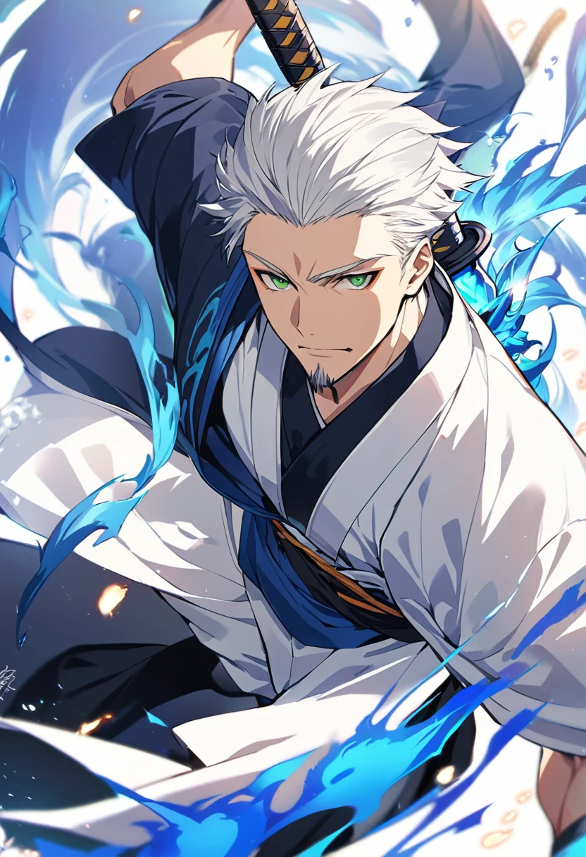 ung boy, male focus,  details Intricate, 1 men, bonitas, White hair, vibrant green eyes, slim muscles, アニメ, 19yearsold, 19 years, a small goatee, kimono de Shinigami, Shinigami, bleach style, bleach, regatta, kimono, bleach, bleach style, katana ( uma katana afiada e longa coberta por Blue flames) , blue flames, Blue flames, katana longa, powerful katana (attacking enemies with your katana making cuts with your flames), katana(fazendo ataque gitarotorios com sua katana dupla destruindo seus openentes com suas Blue flames).