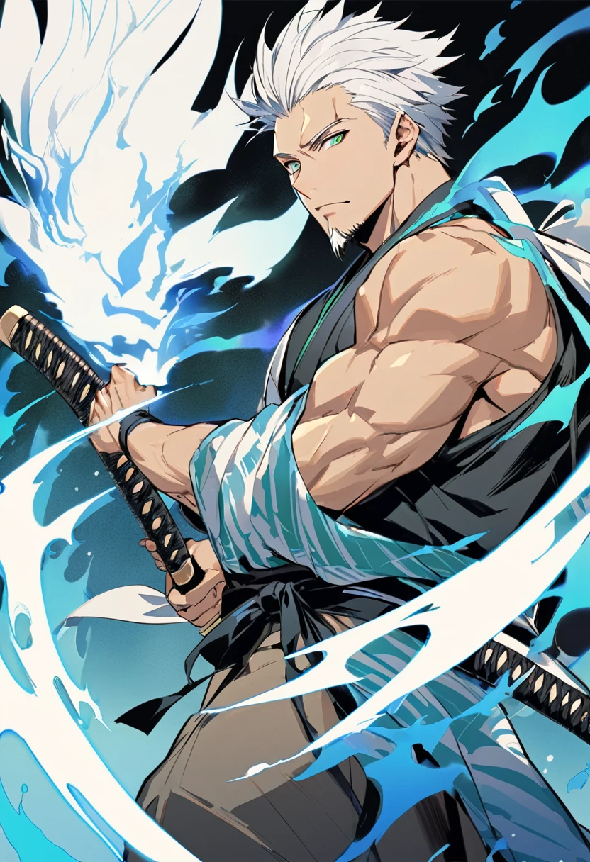 1 young boy, male focus, details Intricate, 1 men, bonitas, White hair, vibrant green eyes, slim muscles, アニメ, 19yearsold, 19 years, a small goatee, kimono de Shinigami, Shinigami, bleach style, bleach, regatta, kimono, bleach, bleach style, katana ( uma katana afiada e longa coberta por Blue flames) , blue flames, Blue flames, katana longa, powerful katana (attacking enemies with your katana making cuts with your flames), katana(fazendo ataque gitarotorios com sua katana dupla destruindo seus openentes com suas Blue flames).