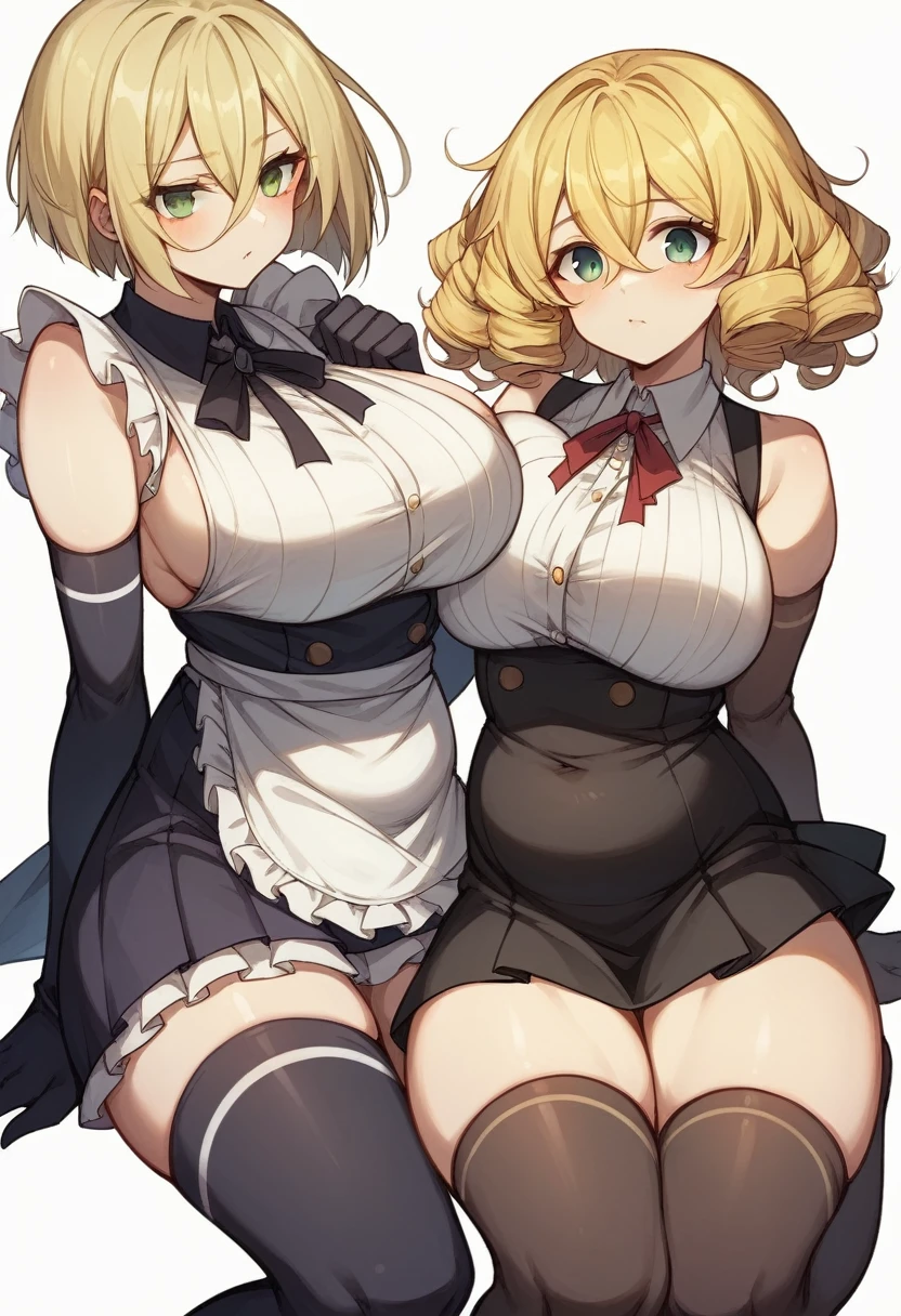 (One girl)、(bob cut)、((Blonde))、((Sato Air))、slan eyes、((boyish))、cute、(Big super breasts)、[Chubby]、Maid clothes、No sleeve、mini skirt、White sleeveless、((hairs between eyes))、thigh-high socks thighhighs、(long gloves)、(flipped hair)、green eye、(say)、arm behind back、White Background、