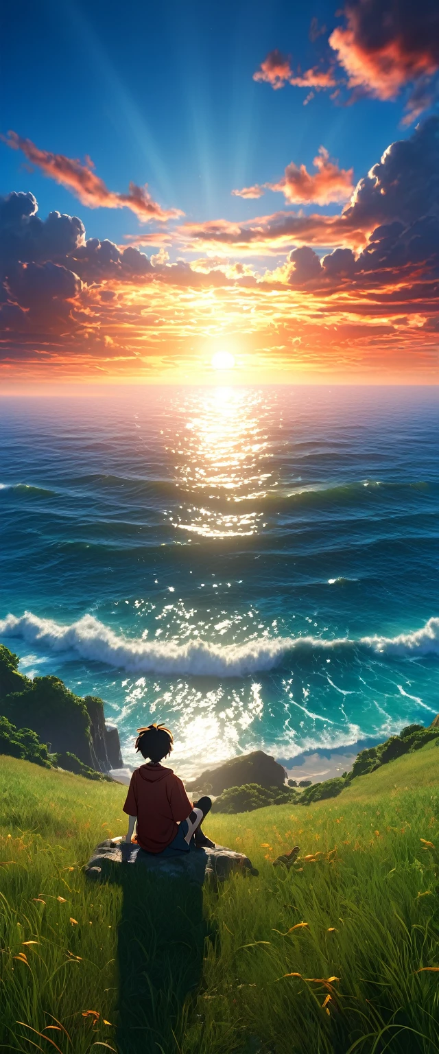 High quality, 8K Ultra HD. The image shows a sitting watching the anime The Frightening Ocean at Sunrise from a grassy hill, with a background of vibrant blue sky and the red and orange tones of the sun. sun rays, 4k anime art wallpaper, Shen Che-Tsai digital art, pexels, fantastic realism, among sunlit heavenly clouds, heavenly clouds, amazing sky, sunset in the clouds, golden clouds, dazzling sky, clouds dazzling, magnificent clouds, bright clouds, Clouds in sunset, sky on earth, golden celestial lights, 4K anime art wallpaper, anime background, 8K anime art wallpaper, art wallpaper anime, anime landscape wallpaper, amazing wallpaper, high quality wallpaper definition, 4k anime wallpaper, 4k anime wallpaper, Aries Moross art, Bob Byerley art, AshleyWoodArtAI, greg rutkowski